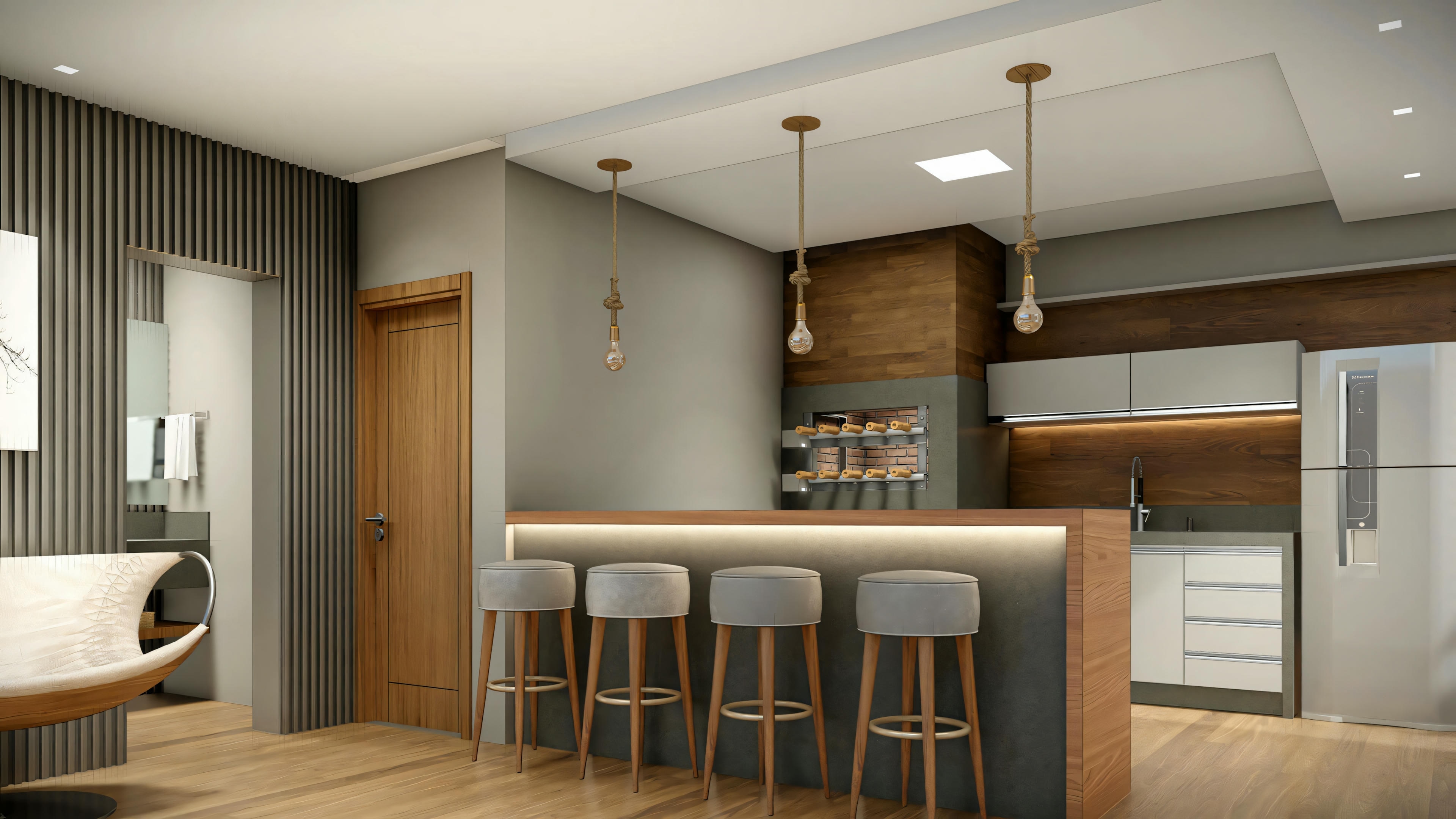 Modern kitchen with stools, pendant lights, and built-in appliances.
