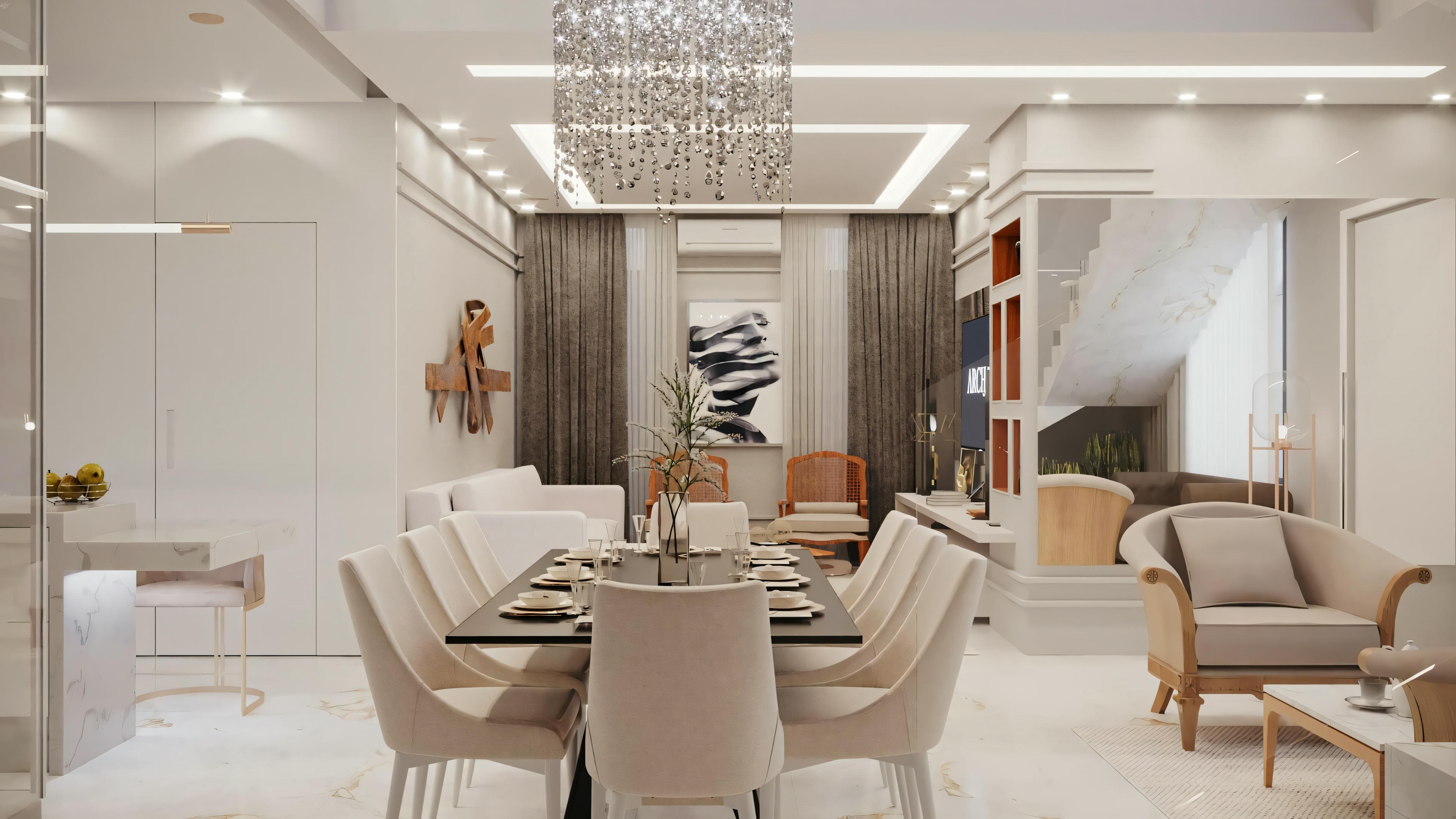 A modern living room with a dining area, sofas, coffee table, and an artistic sculpture in the center.