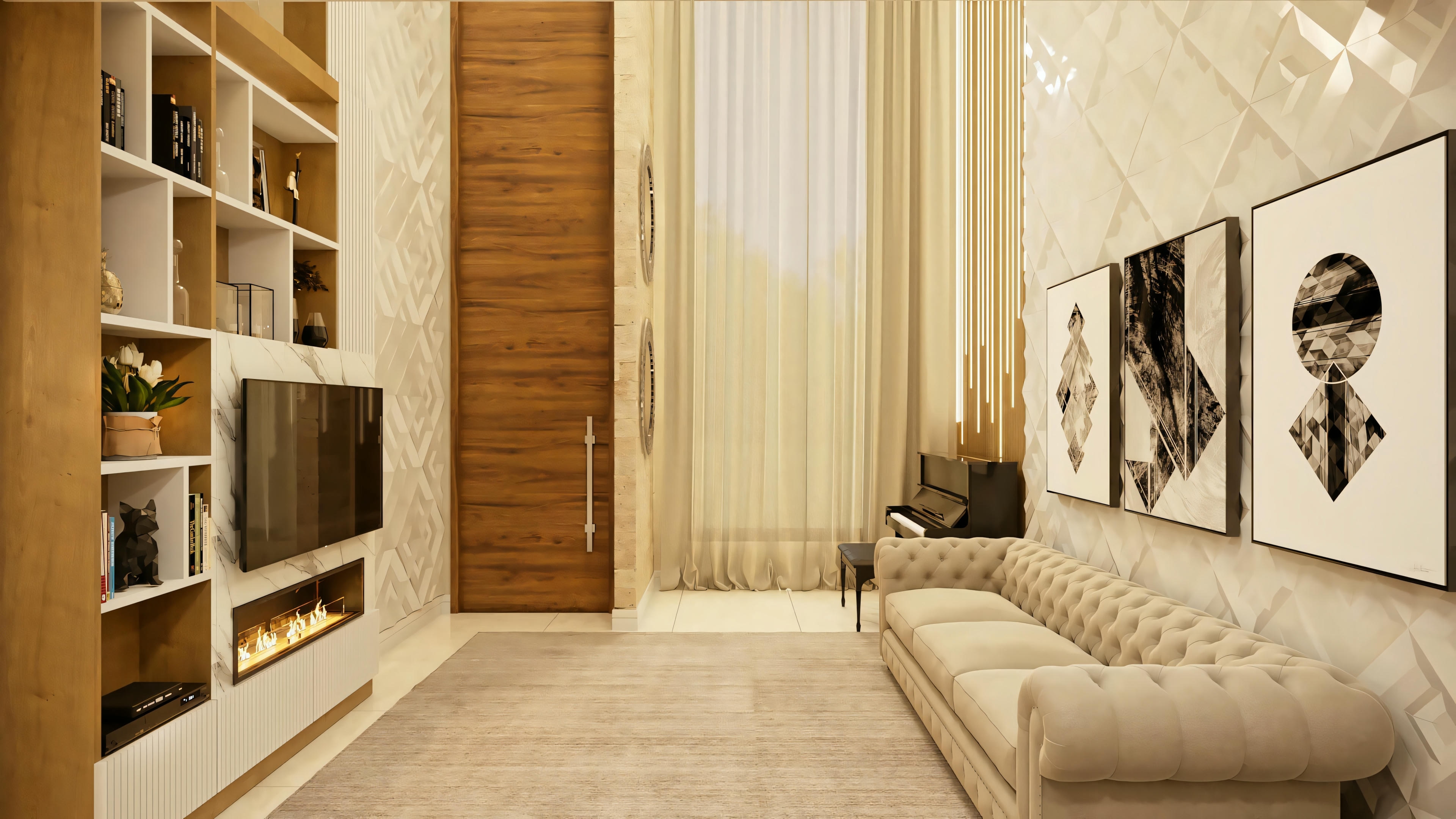 A modern living room with a beige sofa, wooden elements, and wall-mounted shelves.