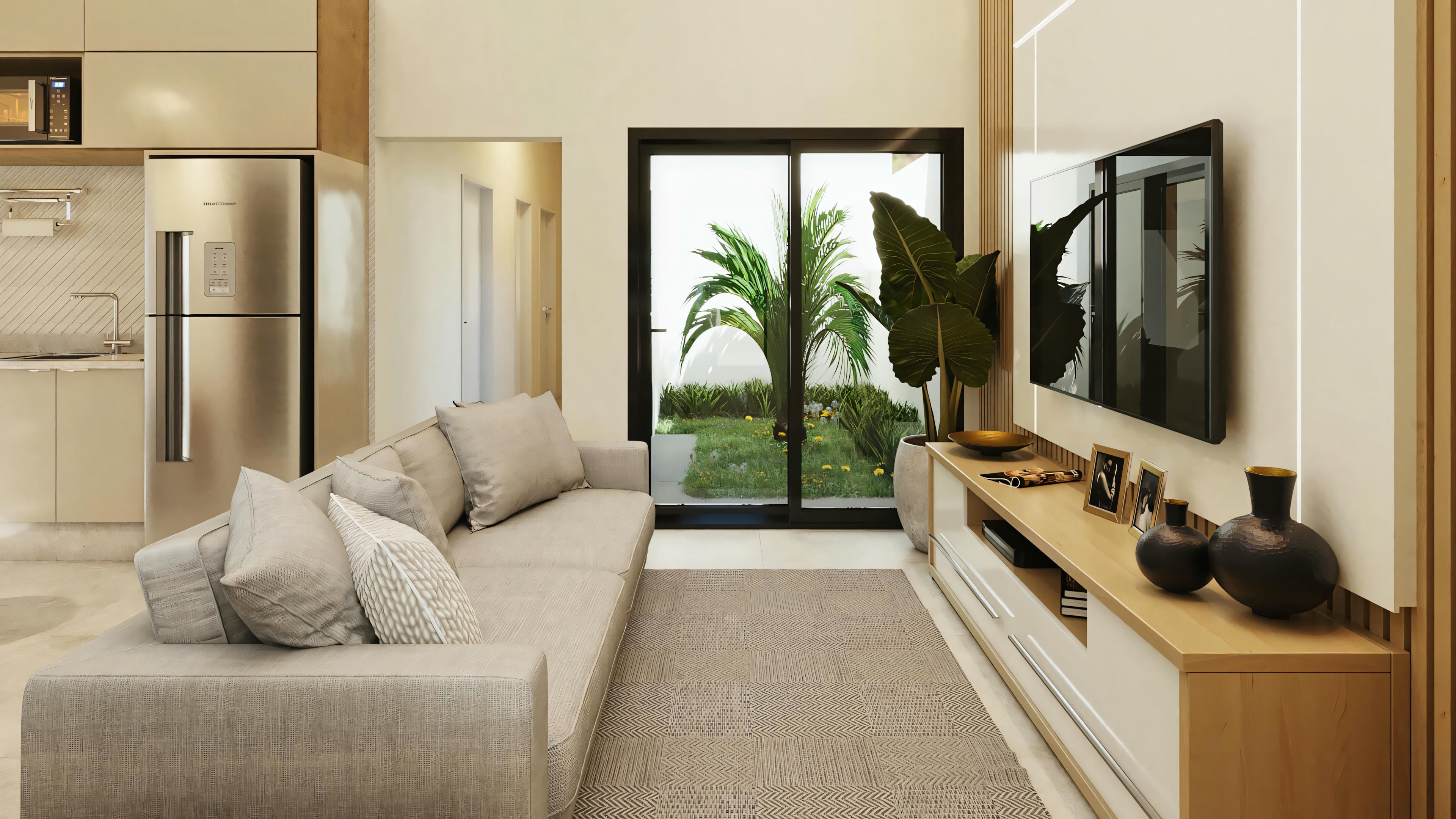 Living room with sofa, pillows, small table with decorative items, and view to another room through an open door.