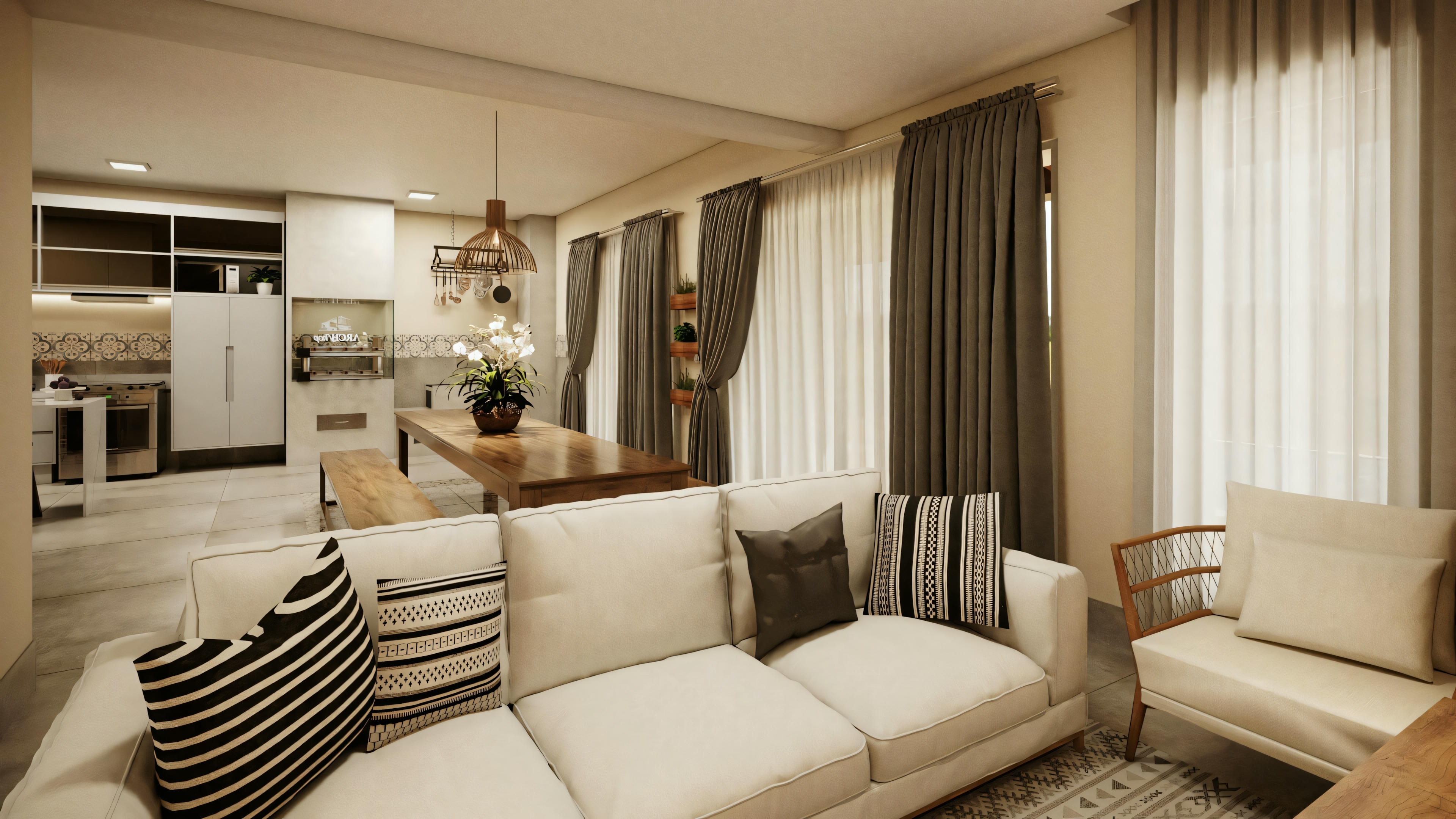 Living room with sofa, striped cushions, two chairs, and coffee table.