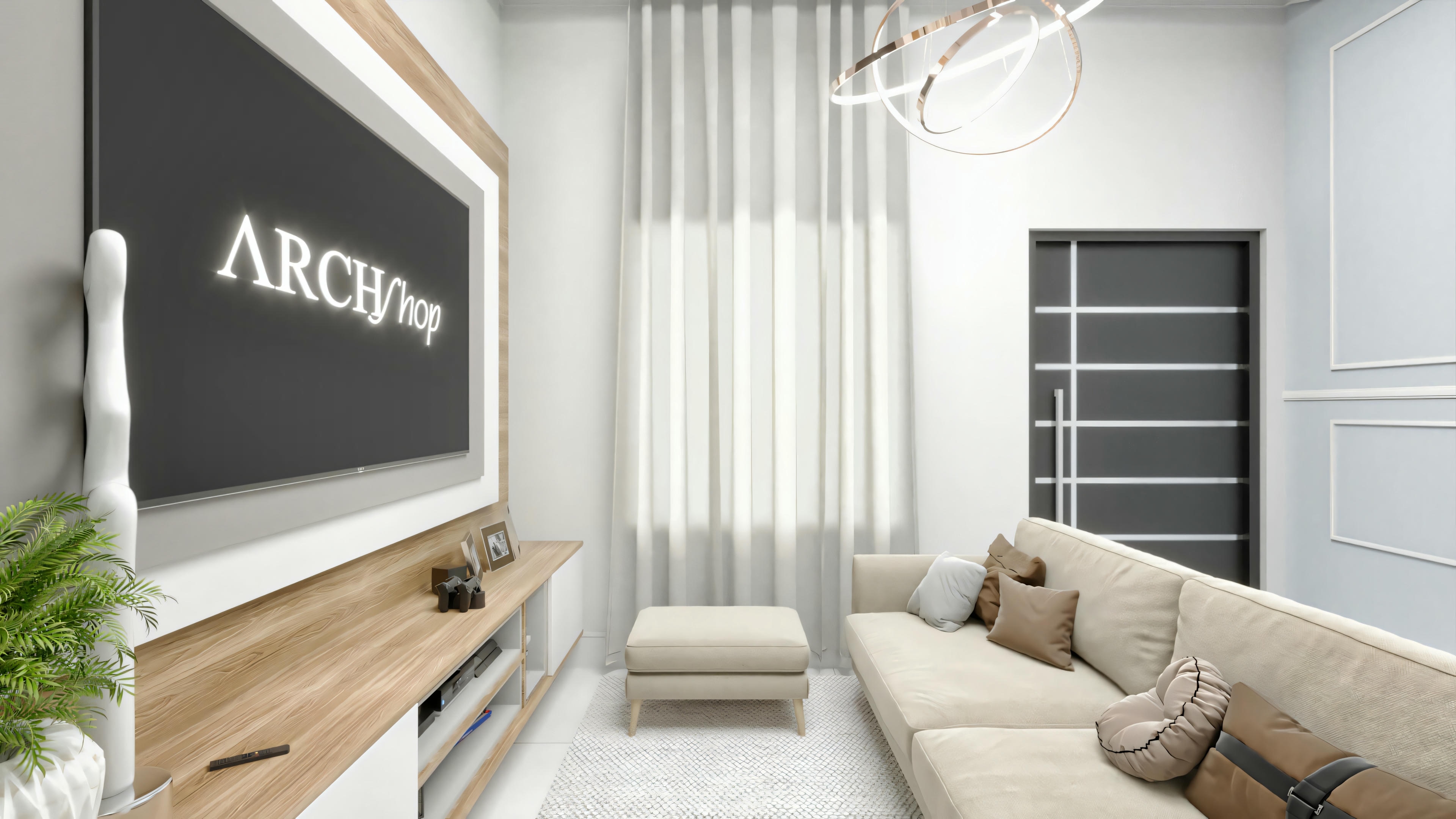 A modern living room with a sofa, coffee table, and shelves, with a large screen.