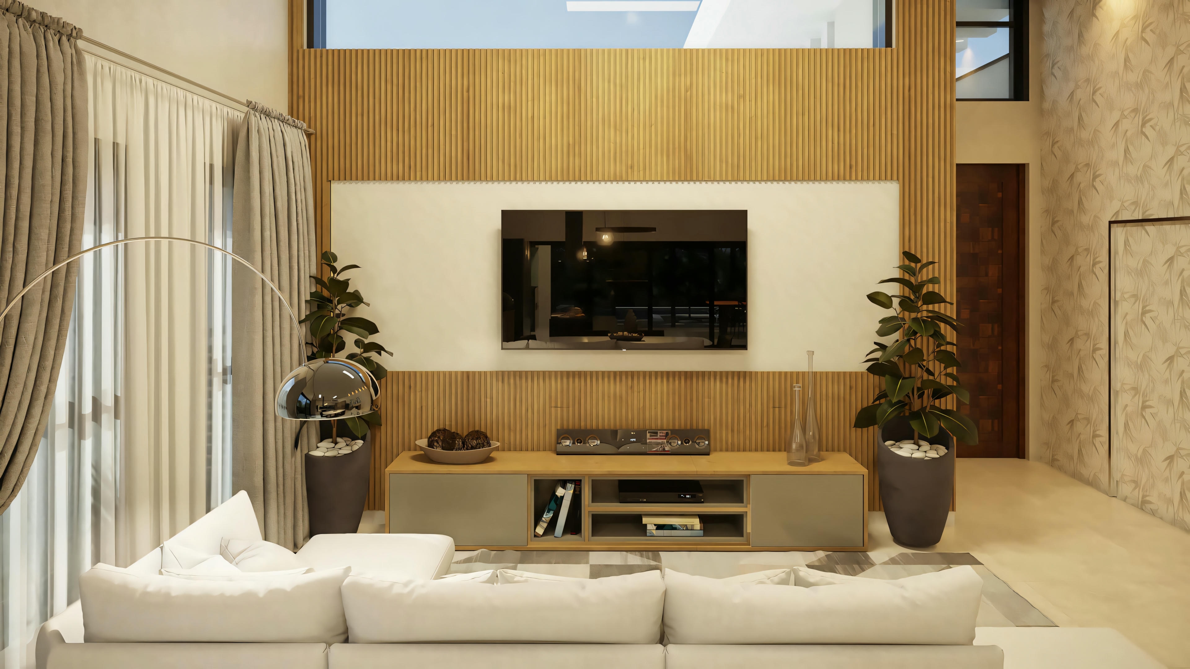 Modern living room with sofa, coffee table, and TV unit on a wood-paneled wall.