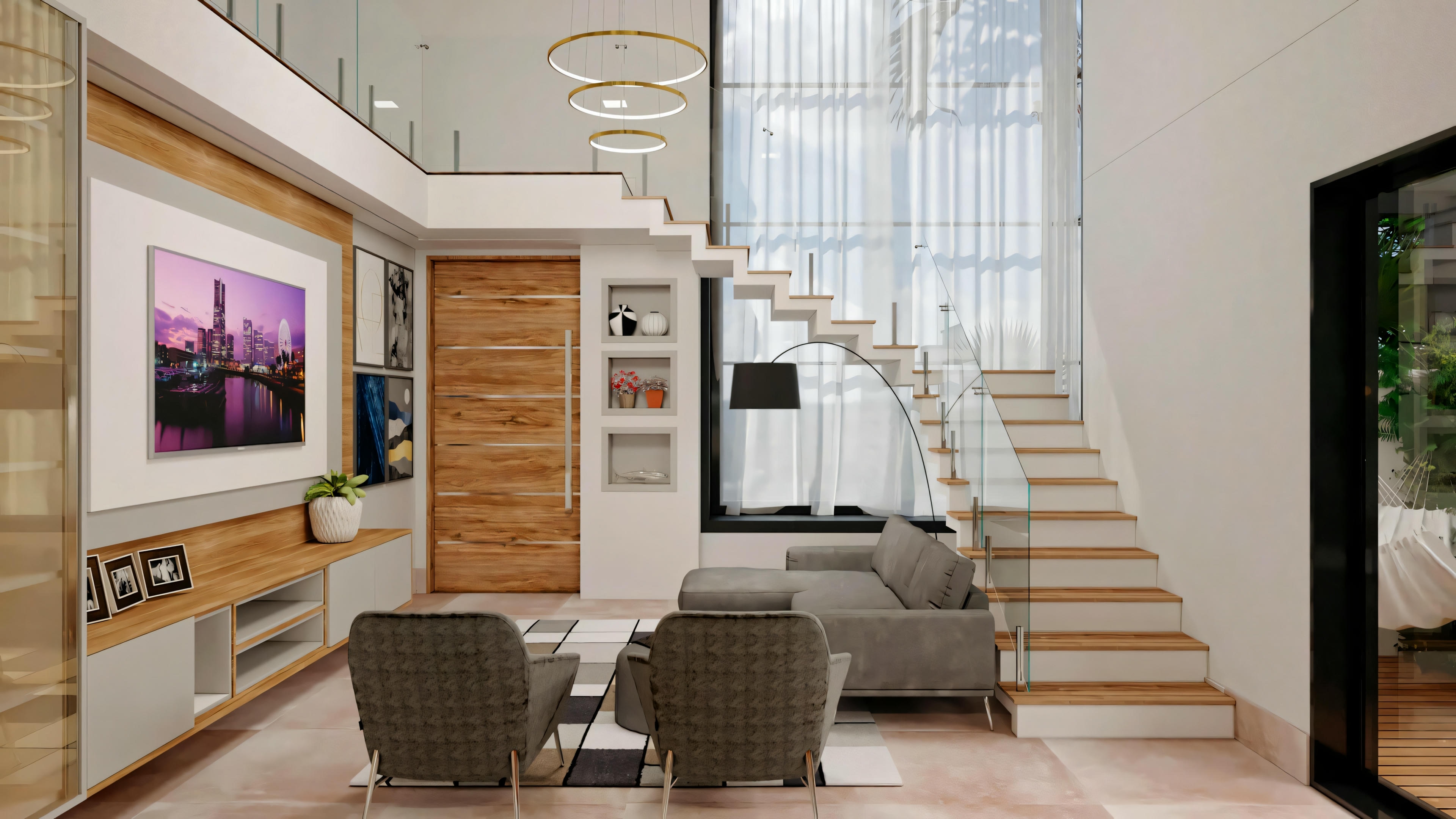Living room with wood features and a wall-mounted television.