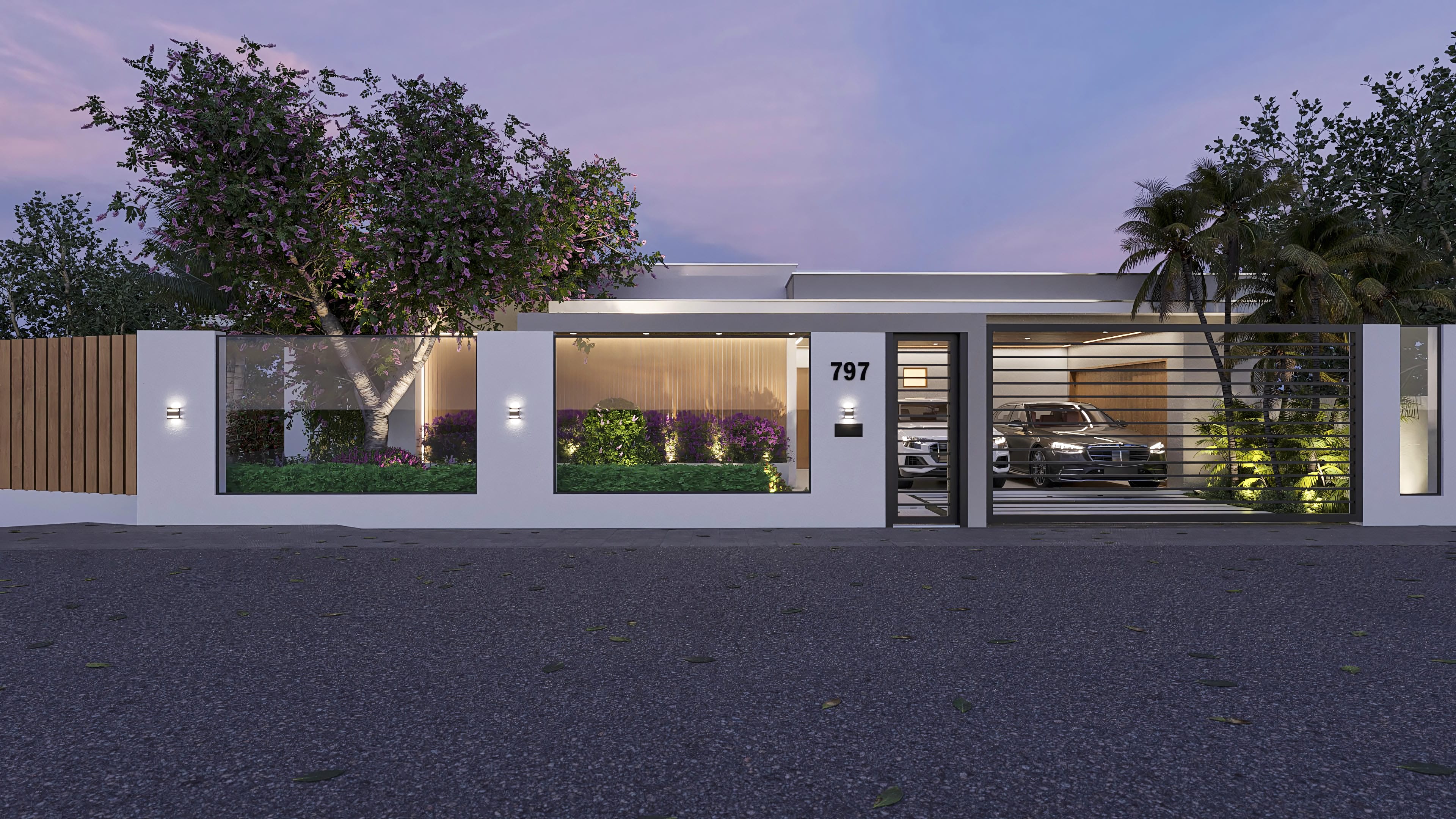 Facade of a modern single-story house with large windows, wood details, outdoor lighting, and an automated gate.