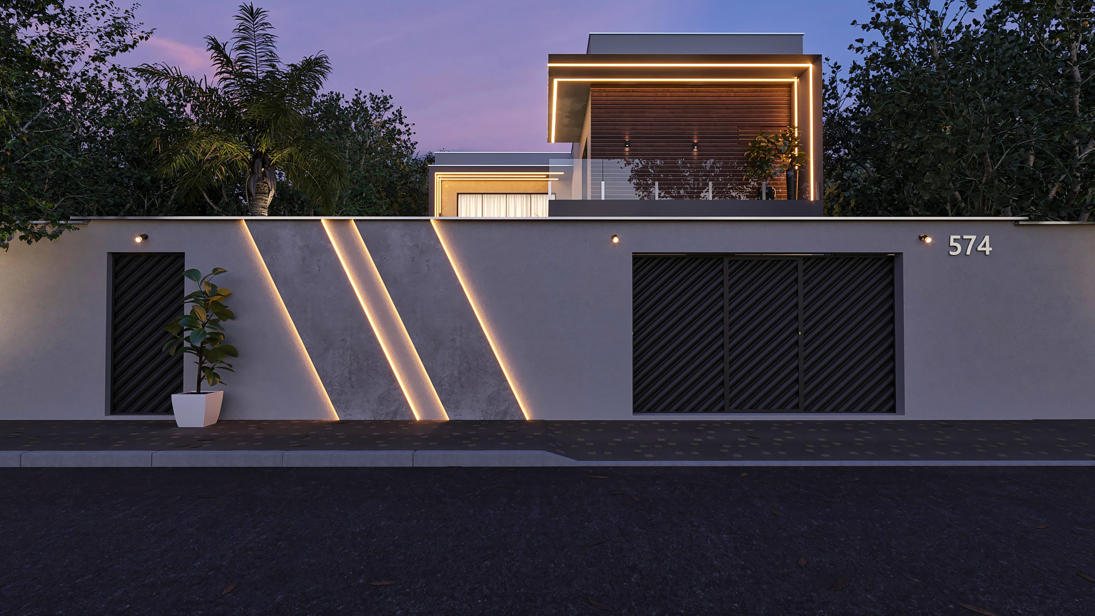 Modern facade of a two-story house with 4 suites, highlighting clean geometric volumes, wood cladding, and recessed LED lighting.