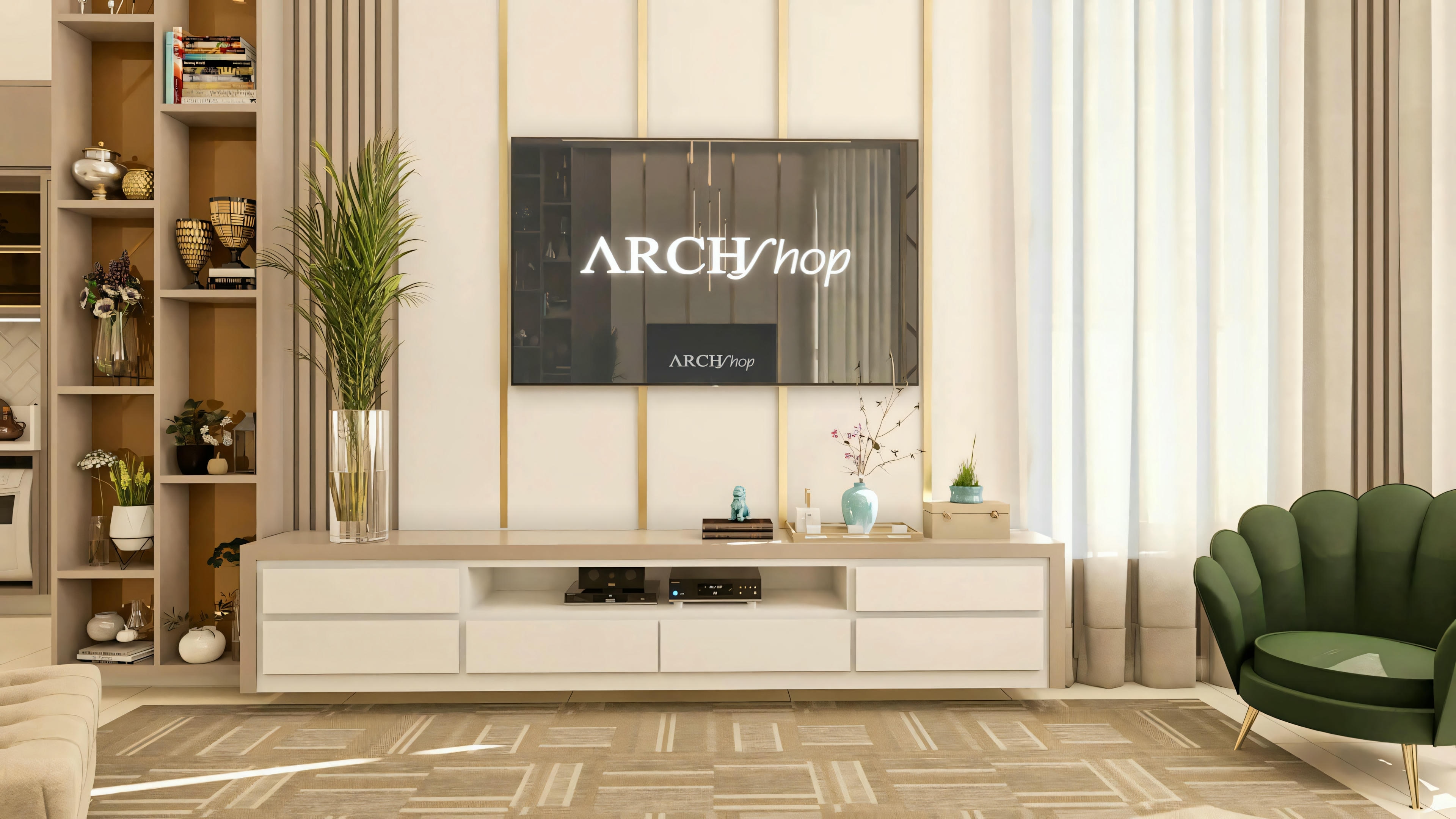 Primer plano del panel de TV decorativo con detalles verticales dorados en la sala de estar de casa moderna, incluyendo mueble bajo, estantería lateral y sillón de diseño.