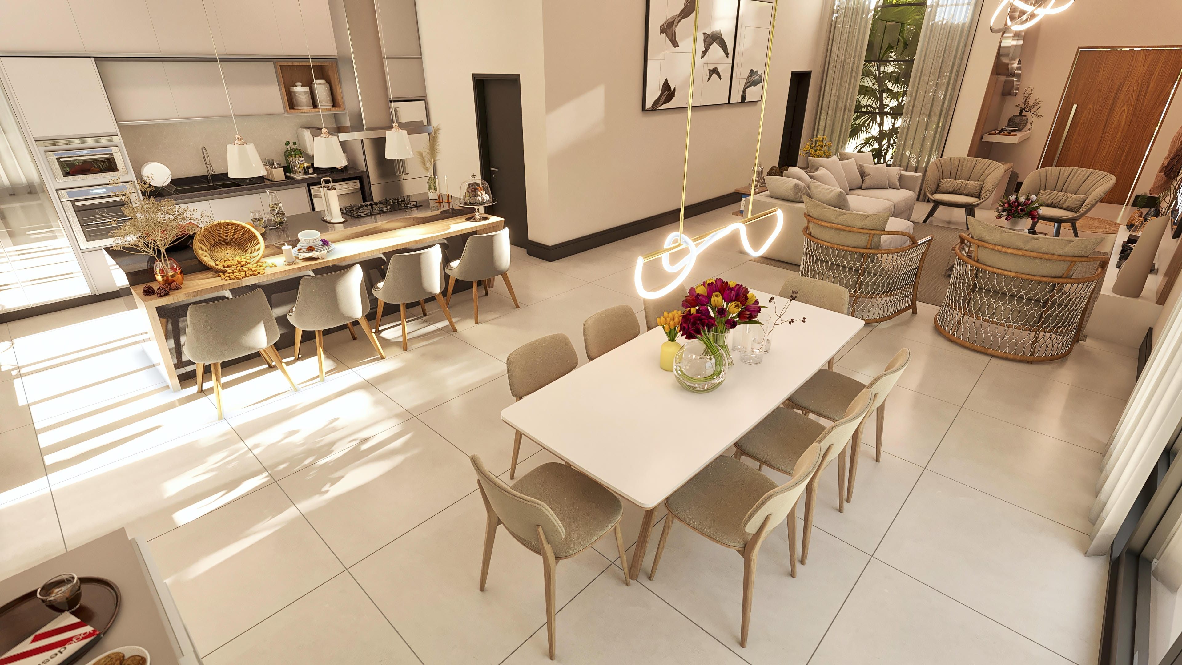 Interior de casa de una planta moderna con comedor, cocina integrada y área de estar. Detalles en madera, iluminación sofisticada y suelo de porcelanato claro.