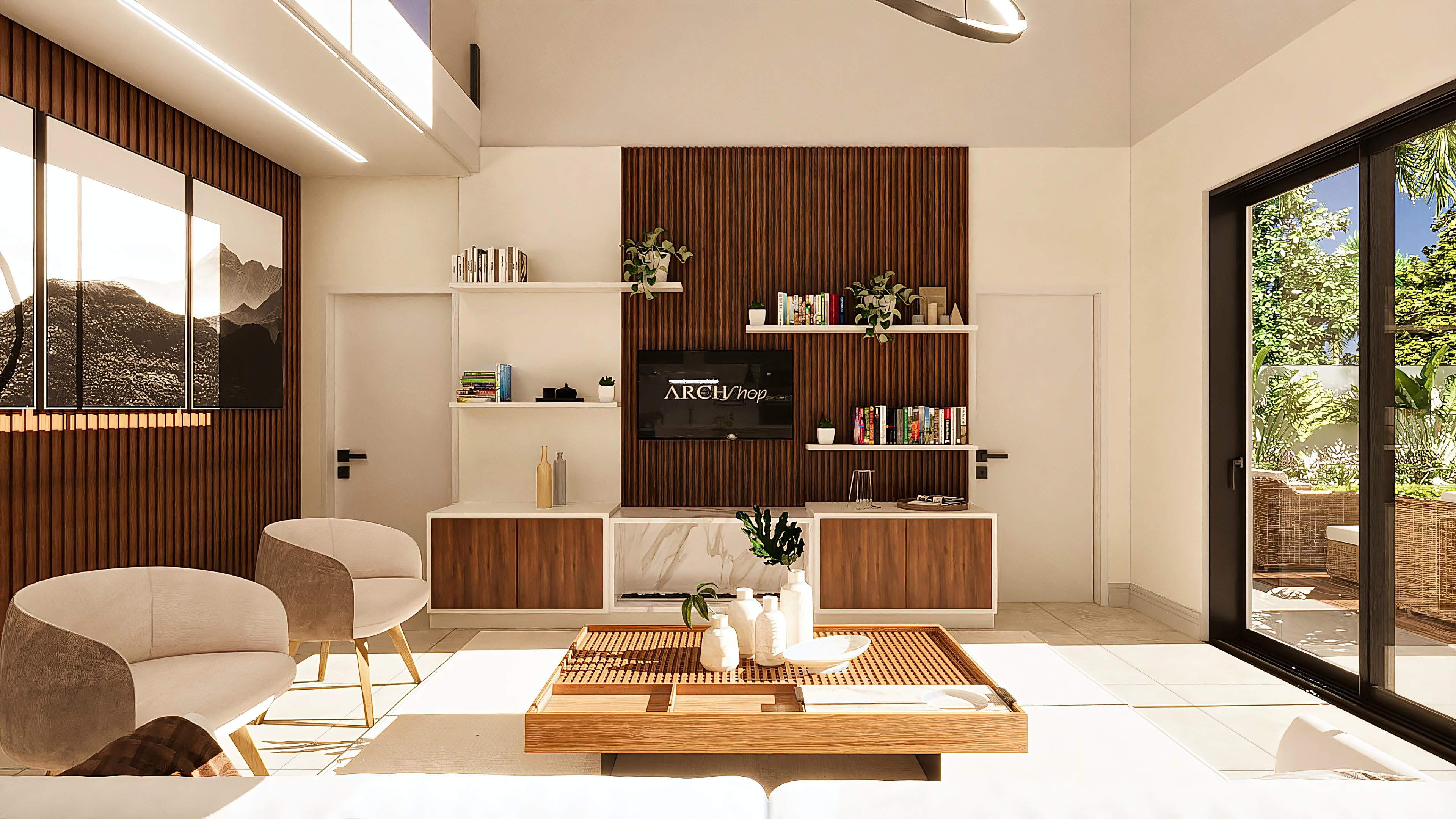 Ambiente interno con panel de madera listonada, muebles modernos y vista al área exterior con piscina.