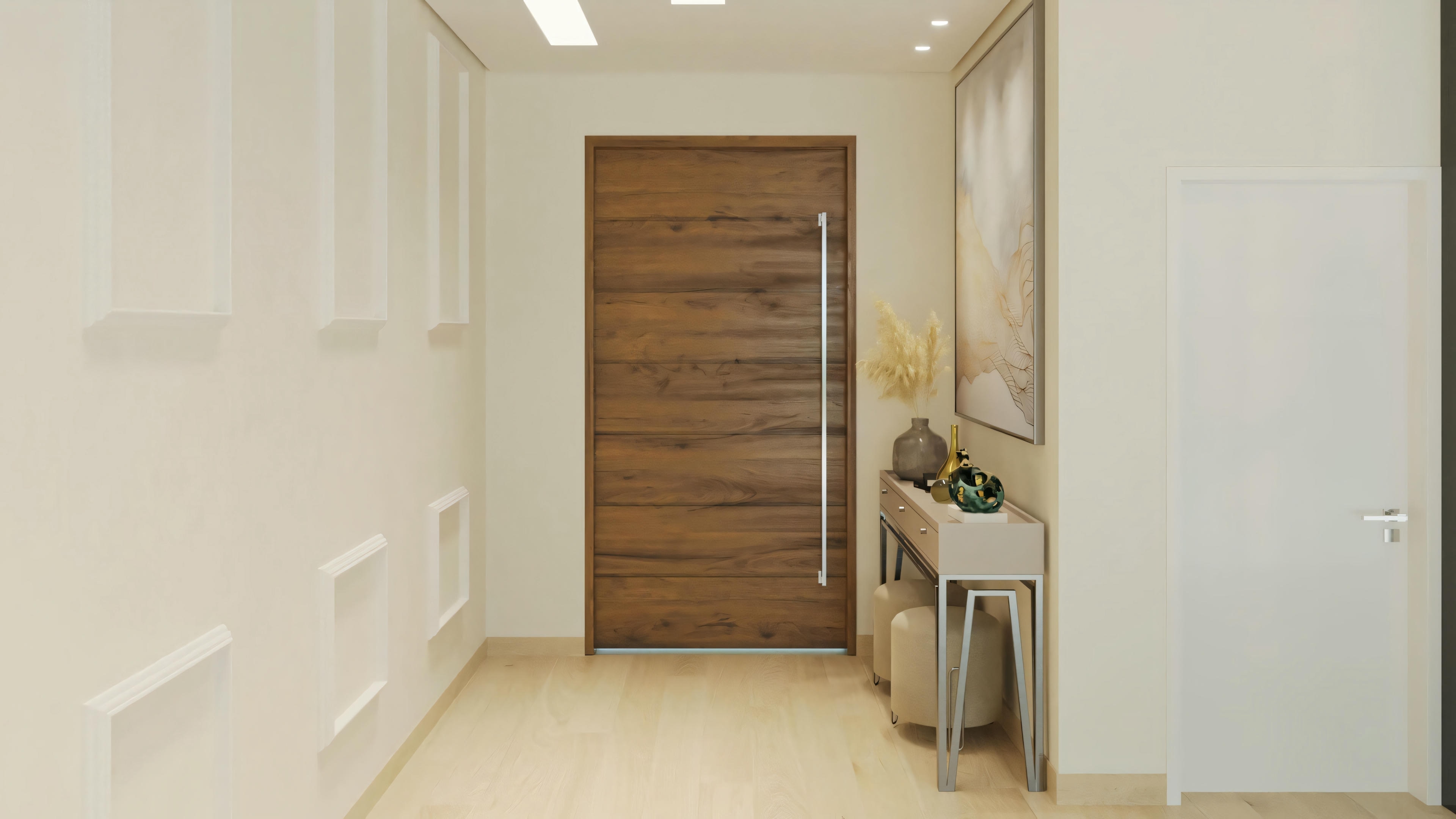 Internal hallway of a ready-made project for a single-story house with 5 suites, showing a wooden pivot door with a long handle, light wood flooring, a wall with relief details, and a decorative console table.