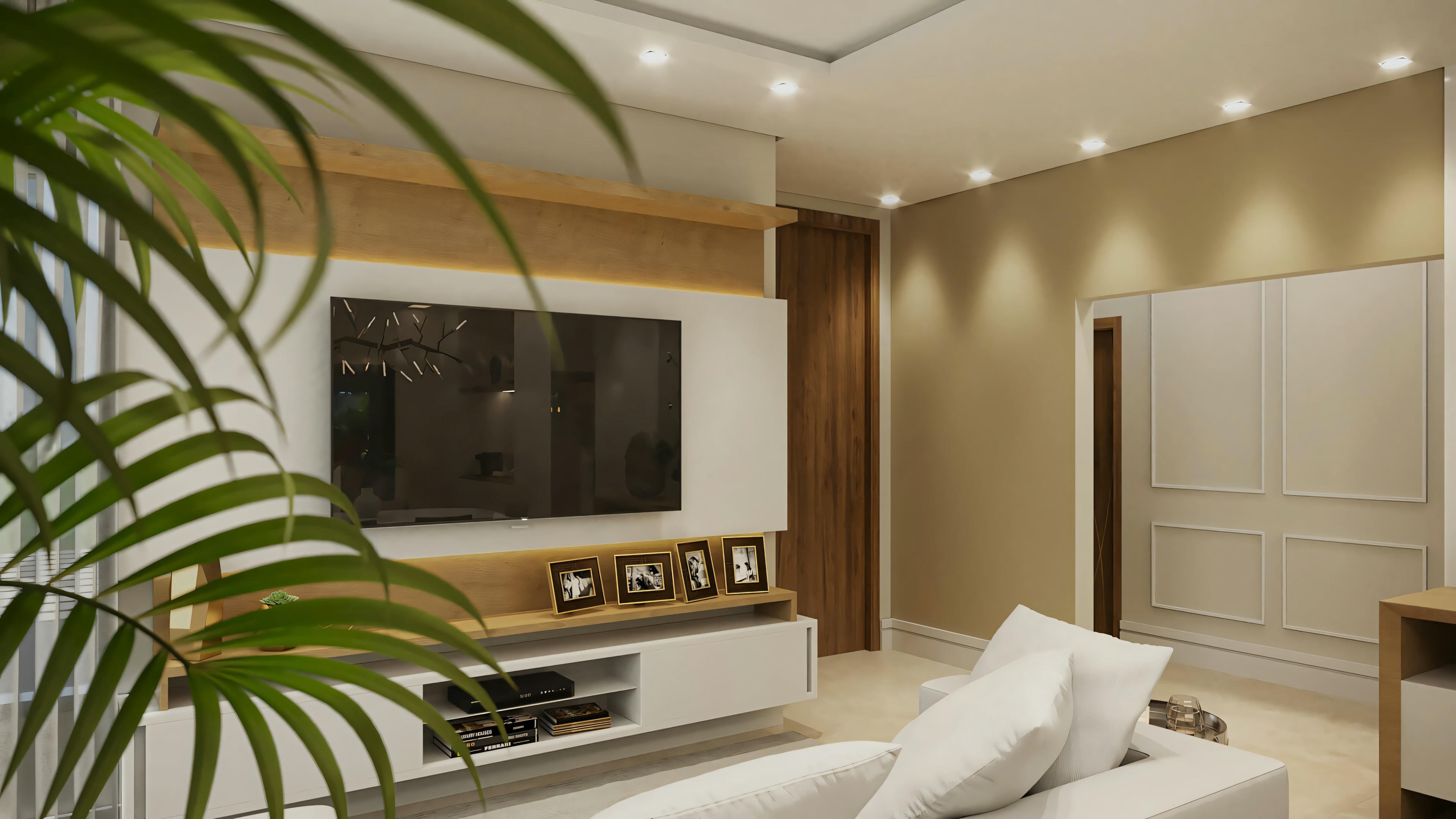 Detail of the living room in a ready-made single-story house project with 2 suites (170.8sqm), showing TV panel, wooden door, and entrance to the bedroom corridor with boiserie detail on the wall. House plan with 2 suites and gourmet area.