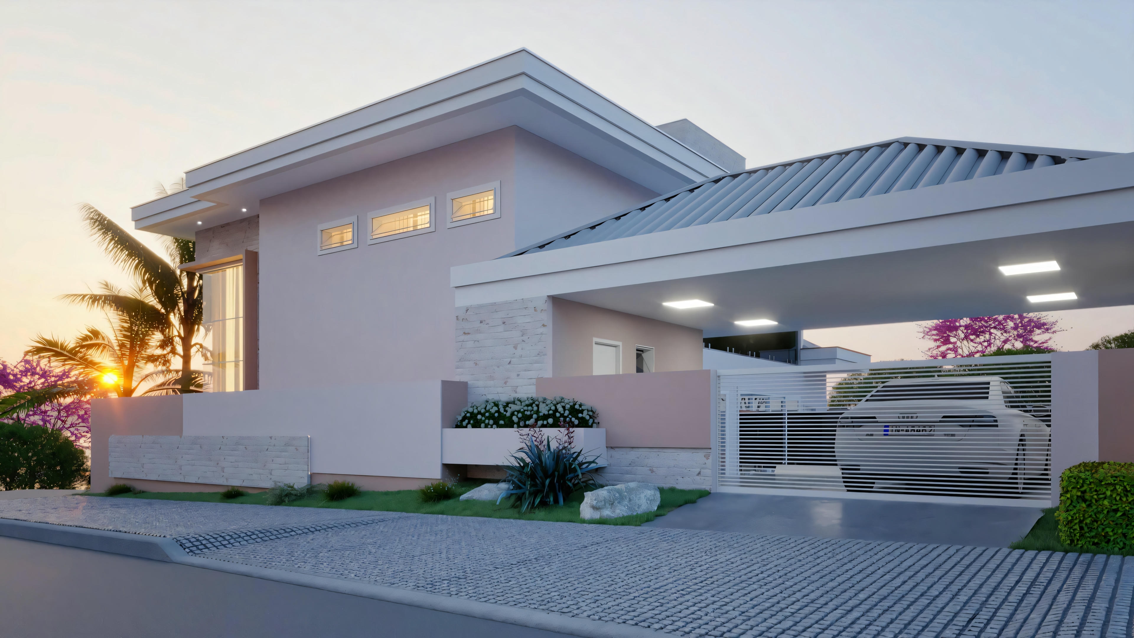 Exterior of a residential house with a driveway and a parked car in front.