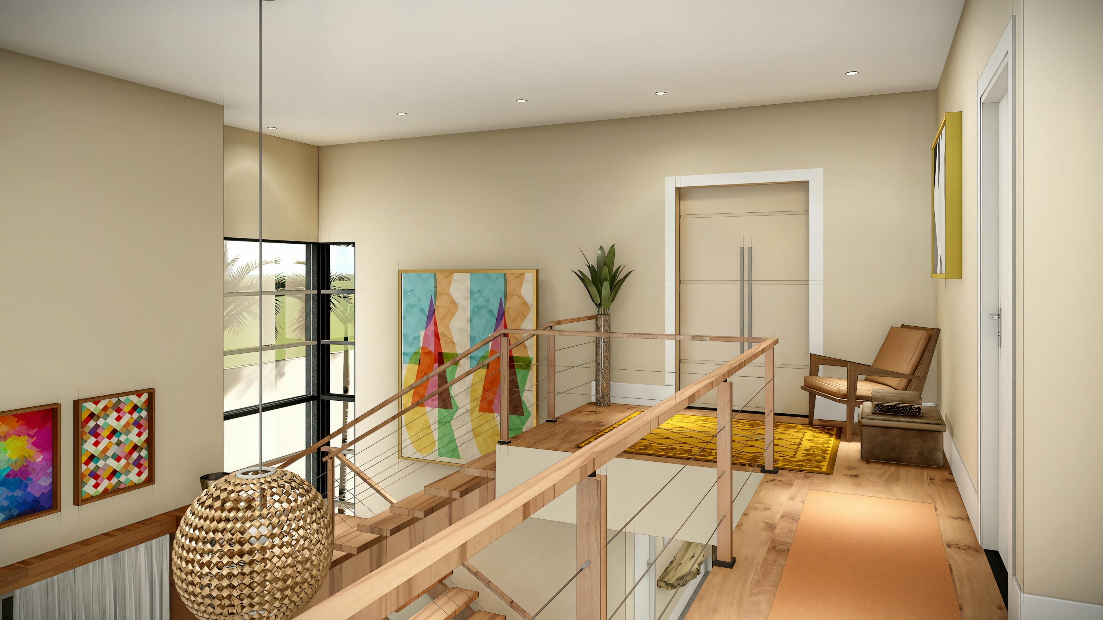 Uma sala de estar com cadeiras, uma mesa pequena e elementos decorativos como almofadas e arte na parede.
