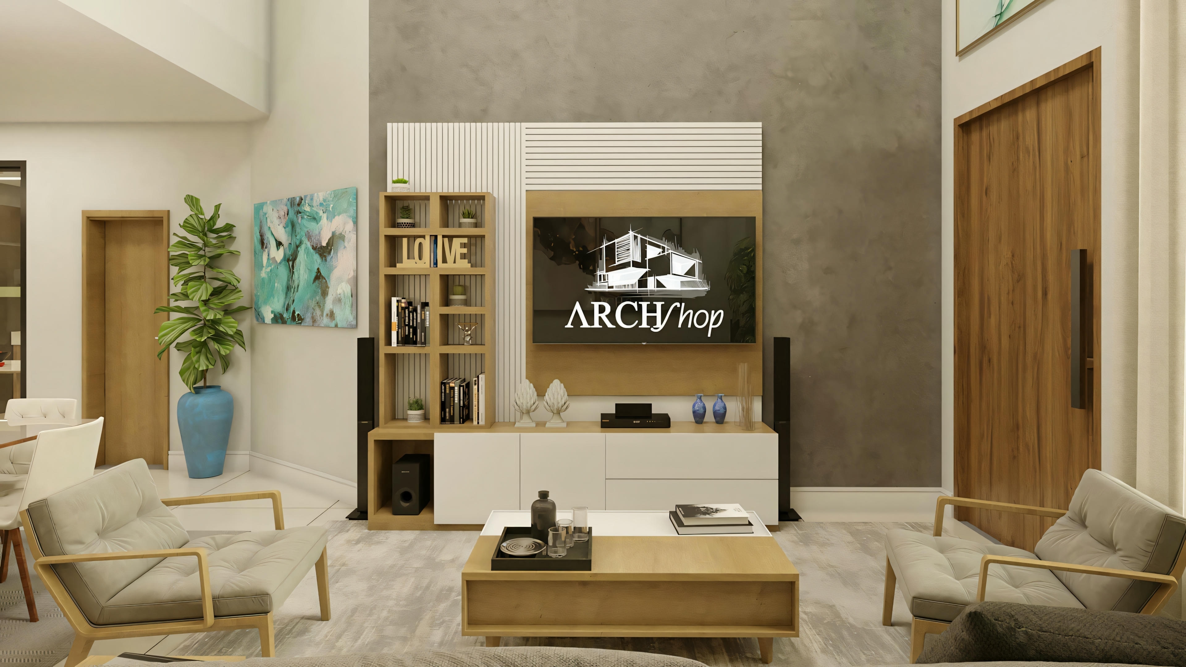 Sala de estar moderna con muebles contemporáneos y distribución de concepto abierto.