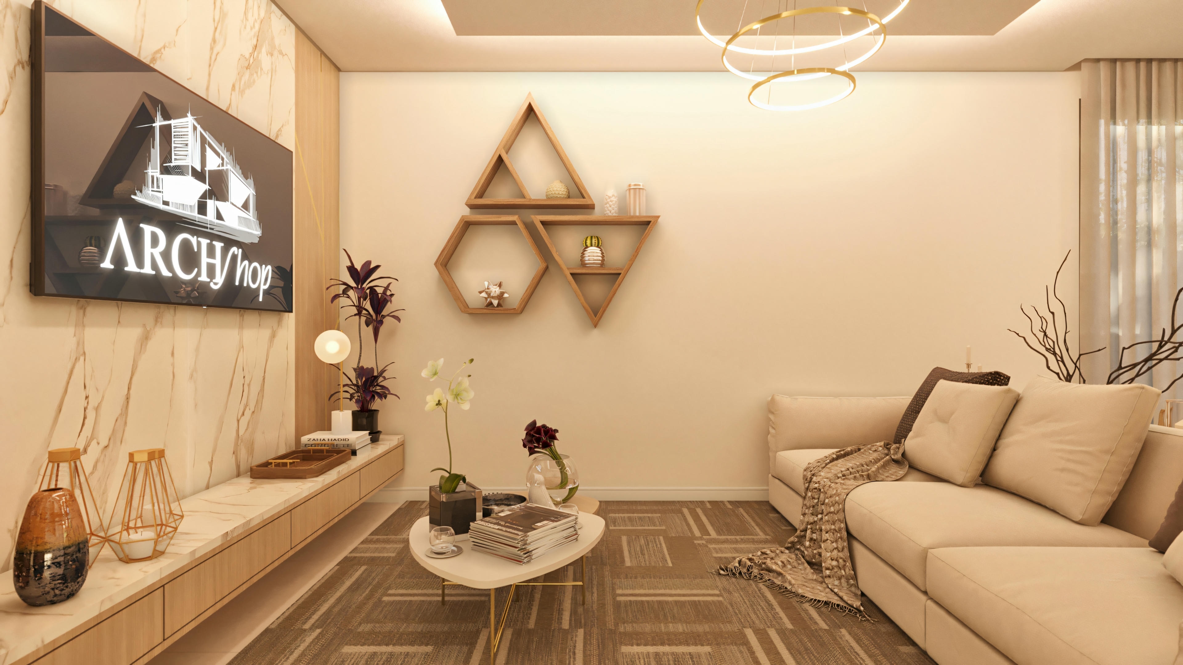 Sala de estar con panel marmolado.