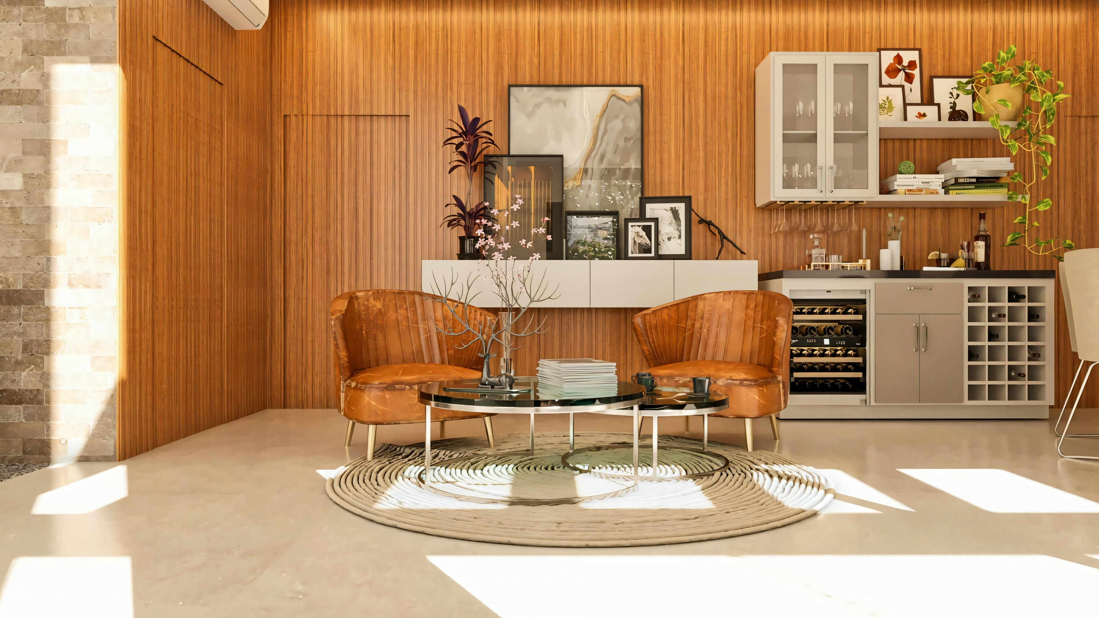 Diseño de interior de casa de dos pisos moderna de 330m², presentando sala de estar con panel de madera, sillones de cuero, mesa de centro y un rincón de bar con bodega climatizada.