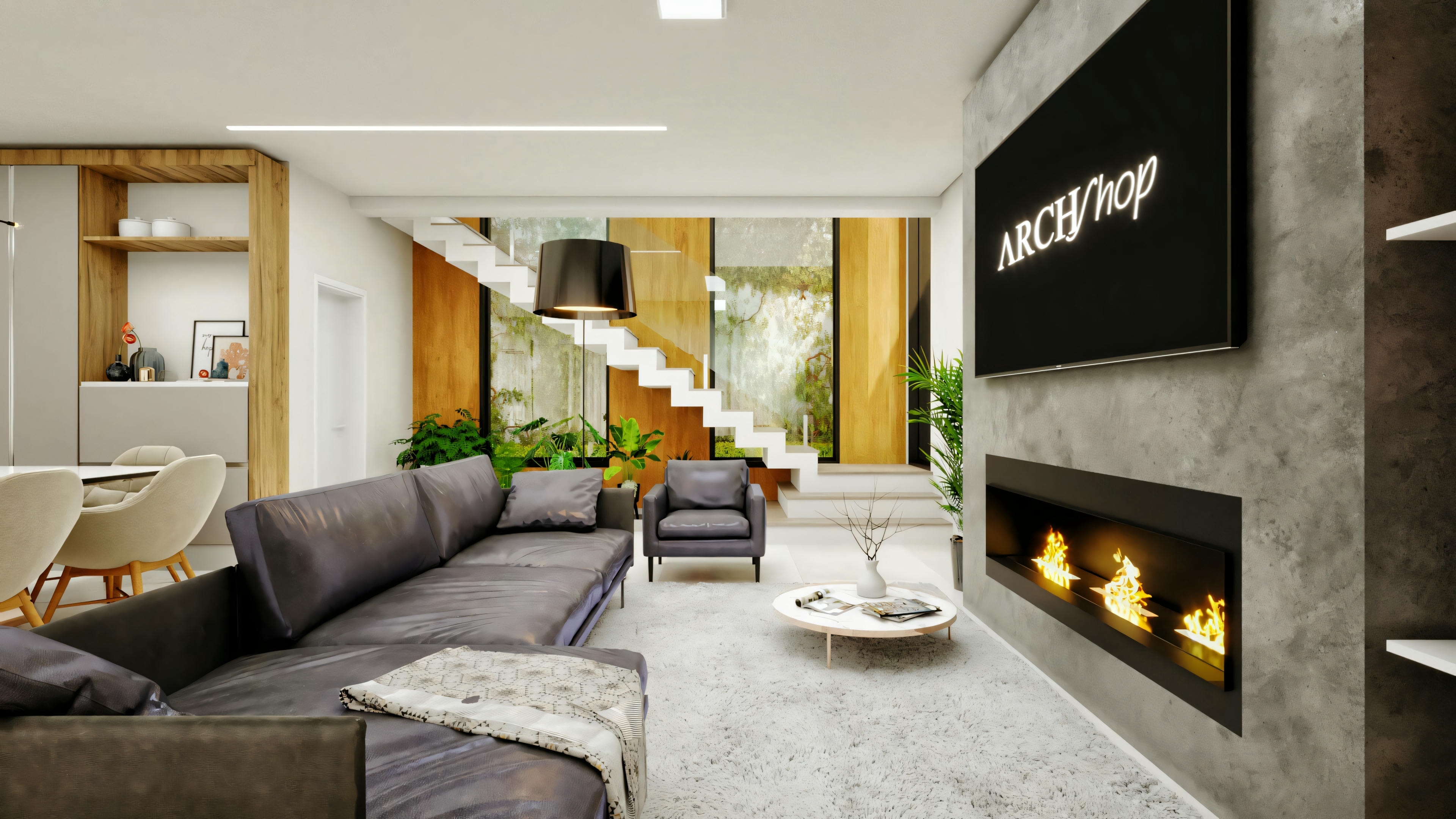Vista ampla da sala de estar e jantar integradas em casa moderna. Mostra sofá em L, parede da TV com lareira, escada moderna vazada, e detalhes em madeira e plantas.