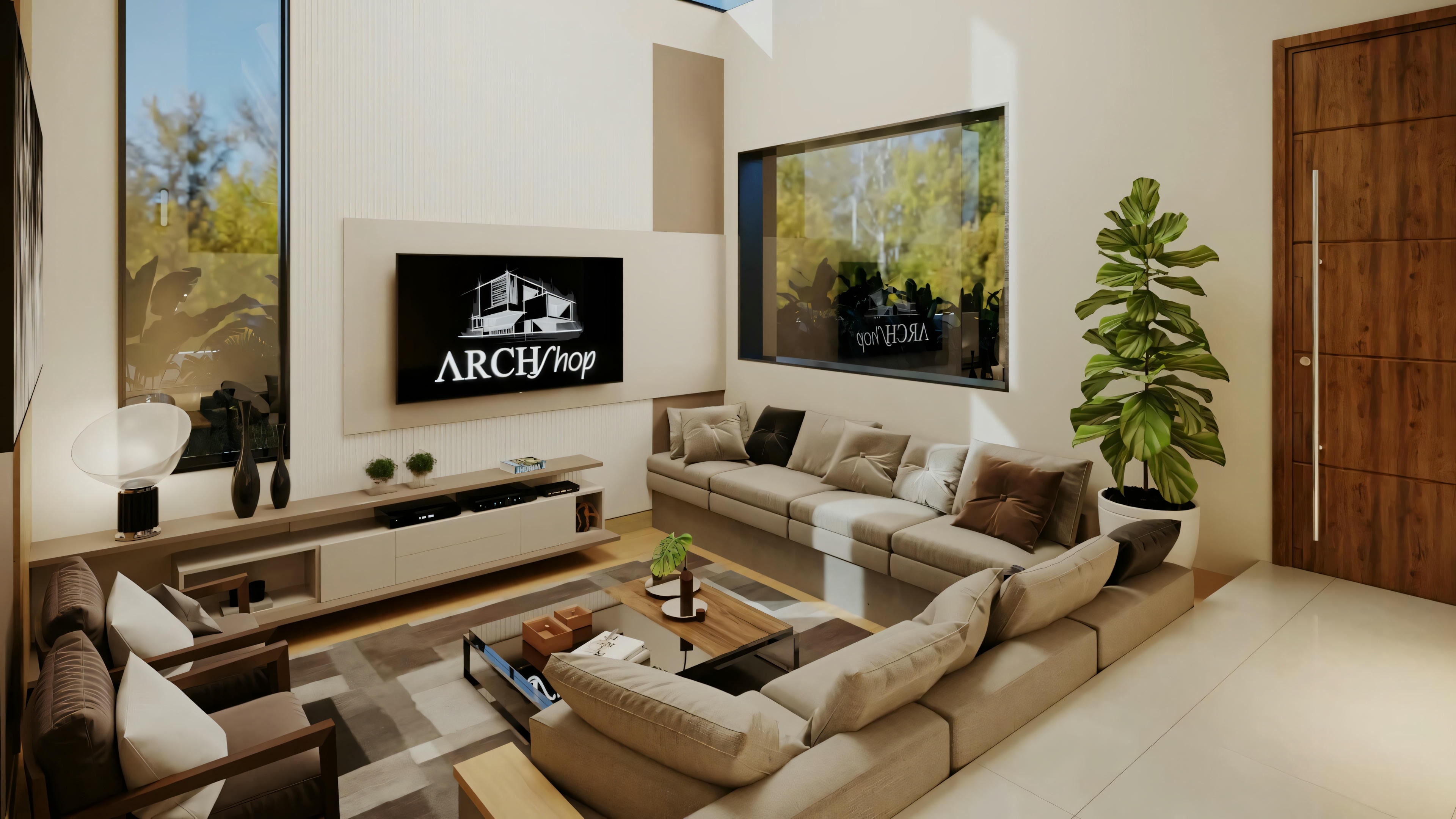 Una sala de estar moderna con una gran ventana, sofá blanco y planta de interior.