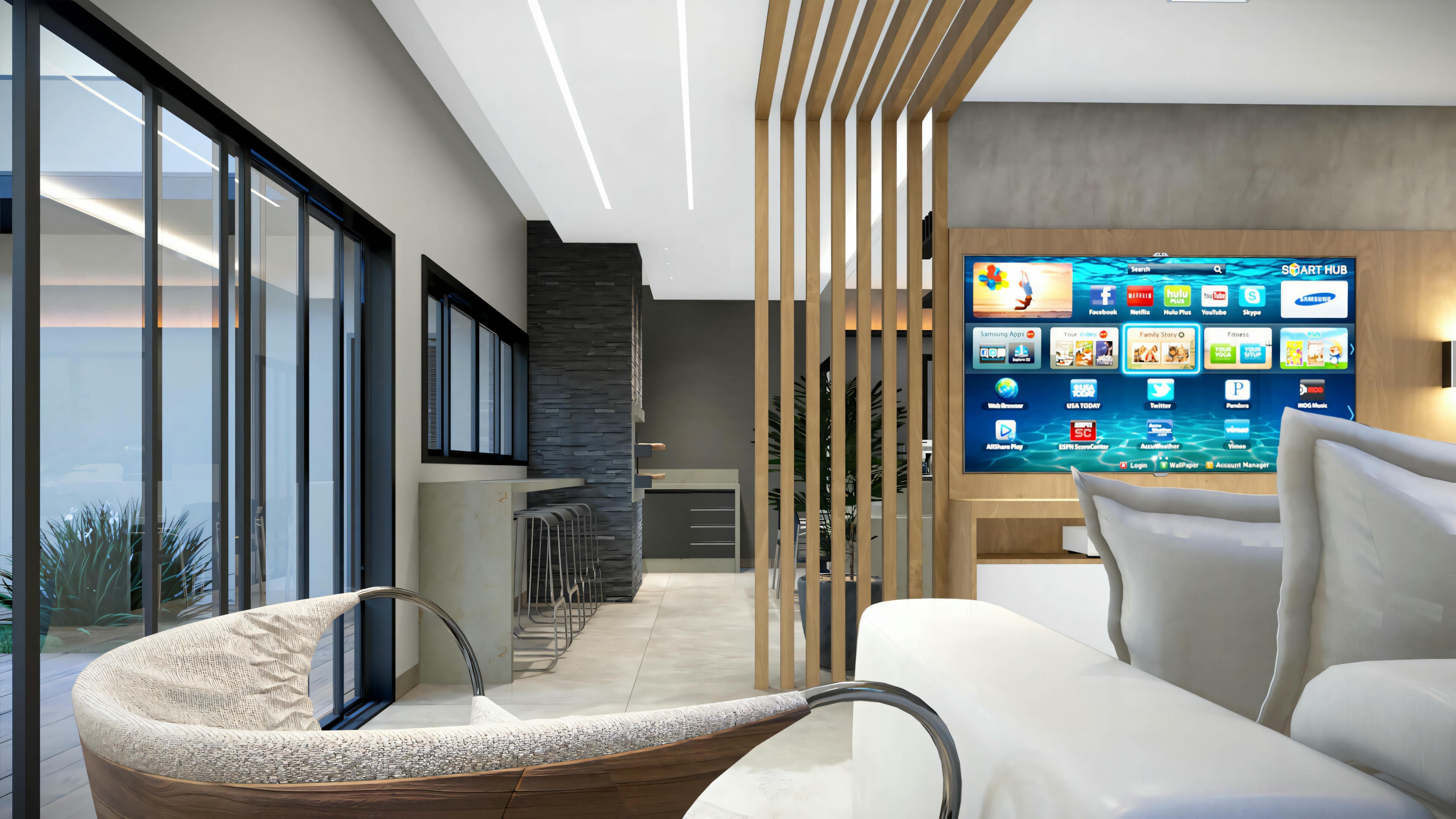 Sala de estar com sofá branco, mesa de centro de madeira e TV grande exibindo múltiplos canais.