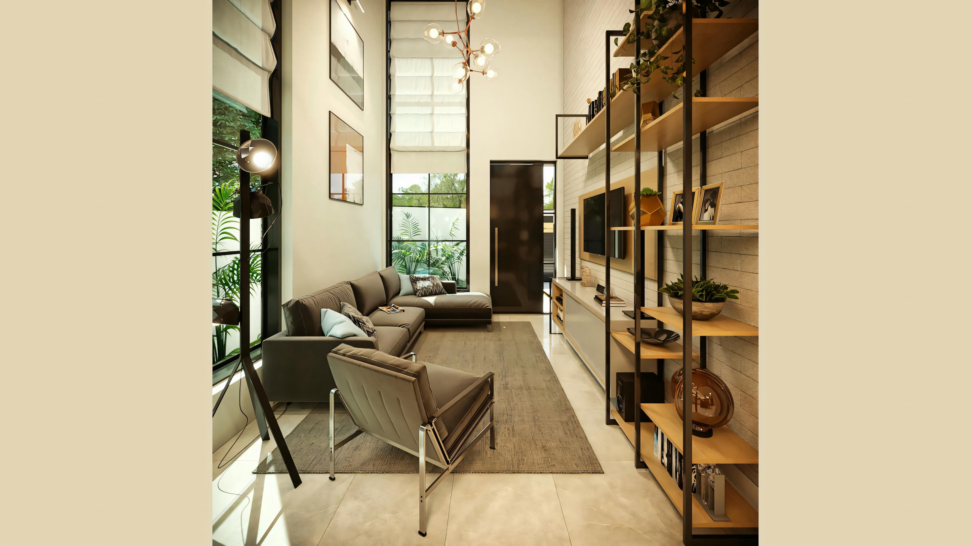 Salón moderno con zona de estar y estanterías, grandes ventanales que proporcionan mucha luz natural.