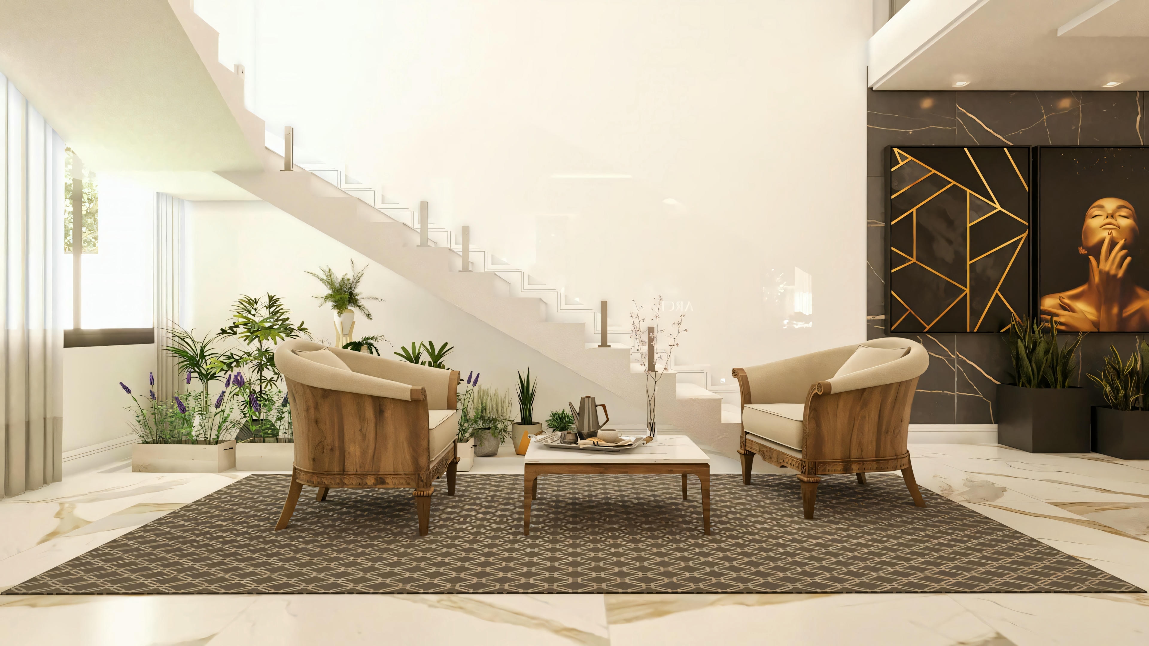 Interior decoration of the living room of a 3-suite two-story house, featuring a dark marble accent panel with gold frames, wooden armchairs on a rug, light porcelain tile flooring, and decorative plants.