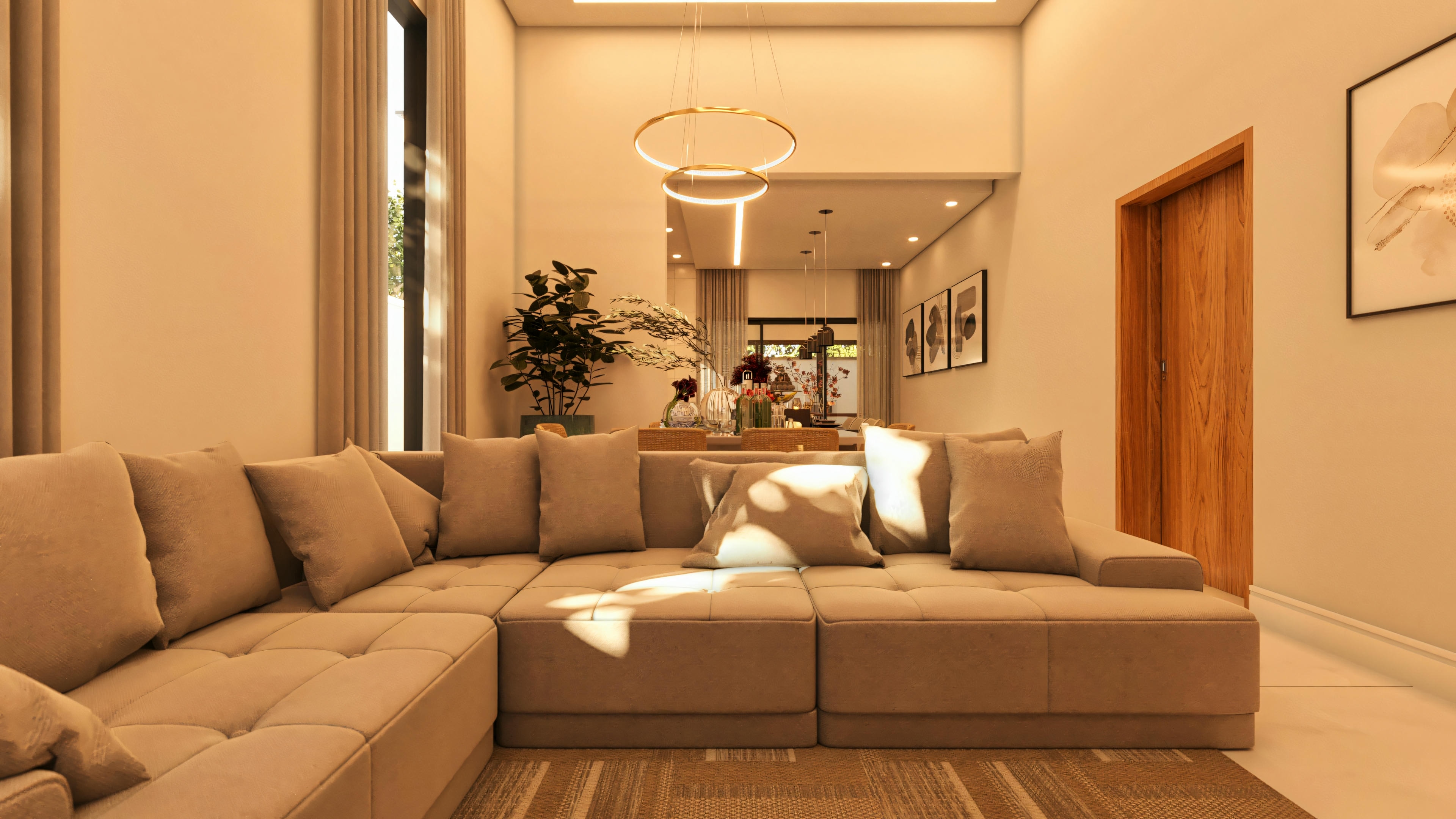 Sala de estar amplia con techo alto y luminaria moderna, integrada a la sala de comedor al fondo, en casa moderna con 3 habitaciones y 2 suites.