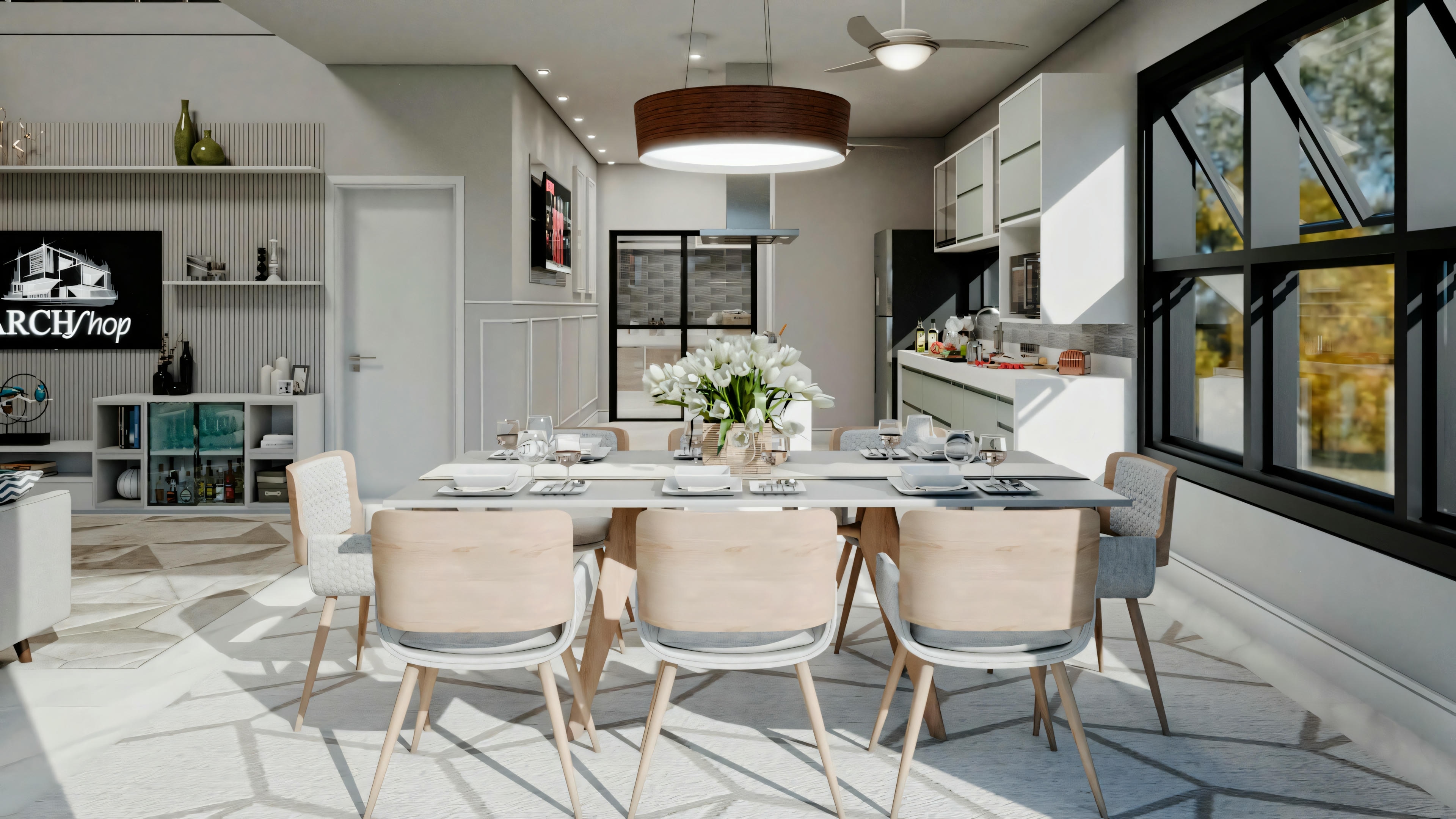 Área de jantar elegante com mesa para seis pessoas.