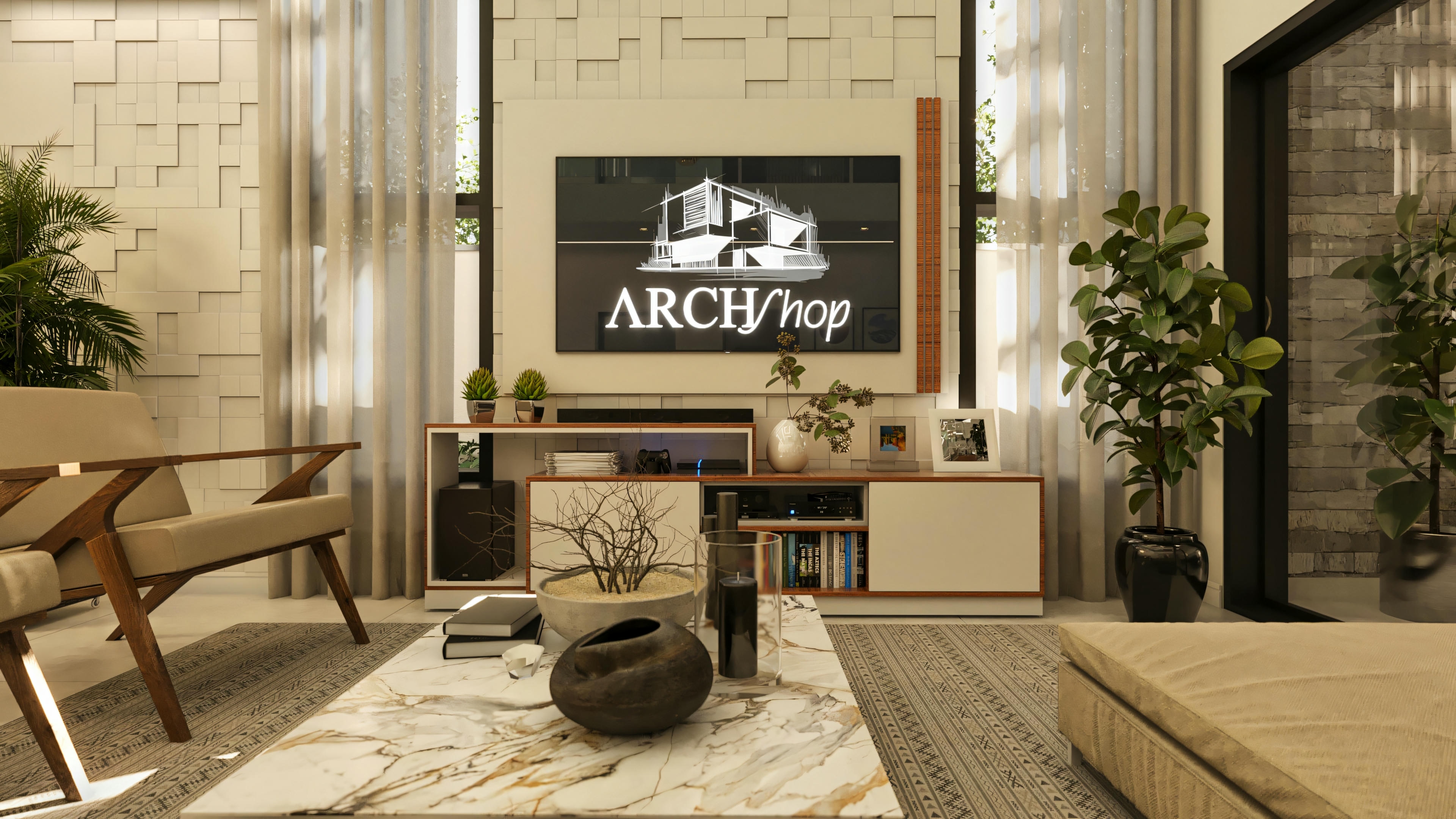 Detalle de la sala de estar en casa de alto estándar con 5 suites, enfocando en el panel de TV con revestimiento 3D, rack bajo, televisión, sofá, sillón y mesa de centro decorada.