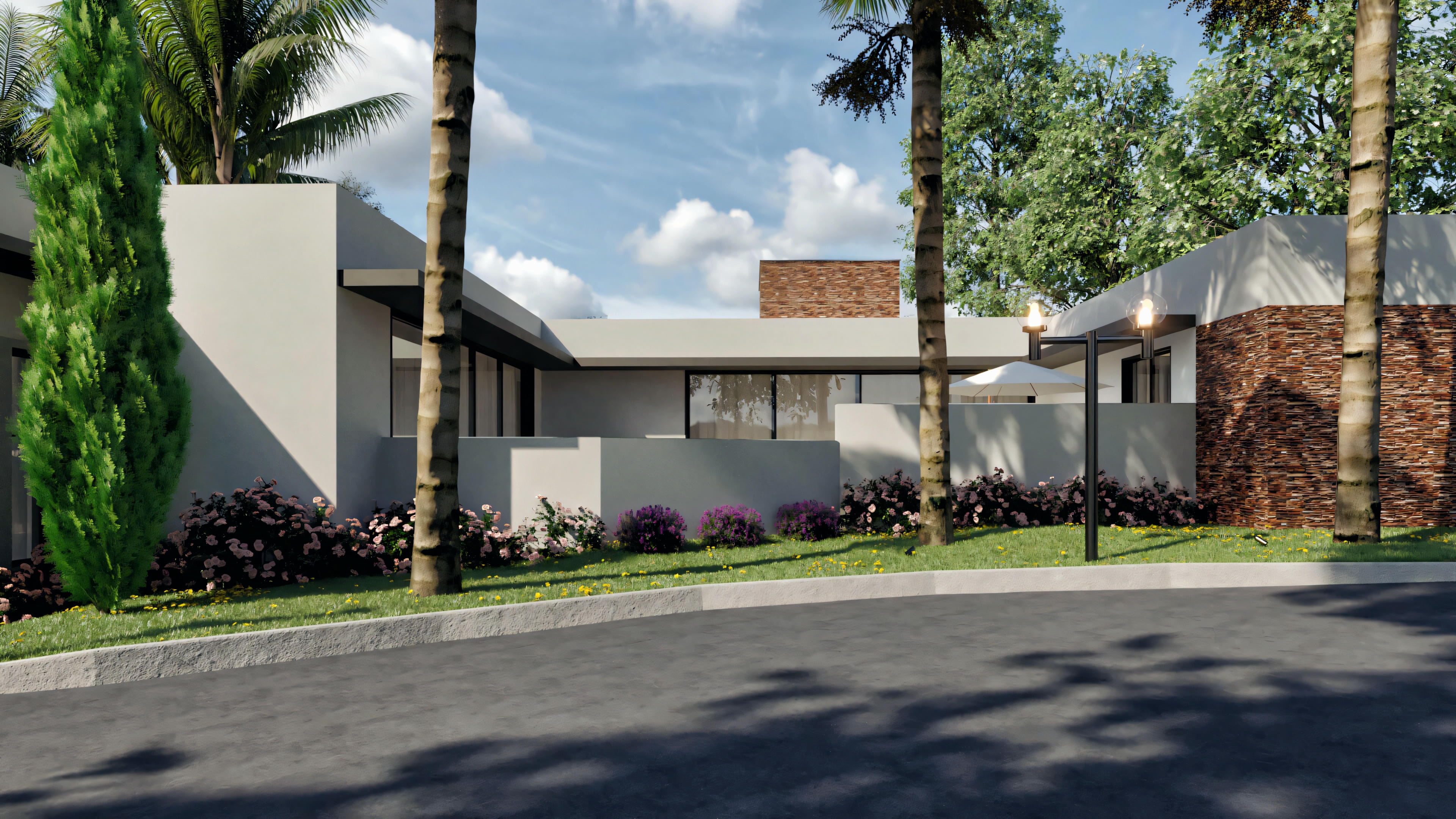 Vista exterior de una casa moderna con tejado plano, grandes ventanales y entrada de garaje.