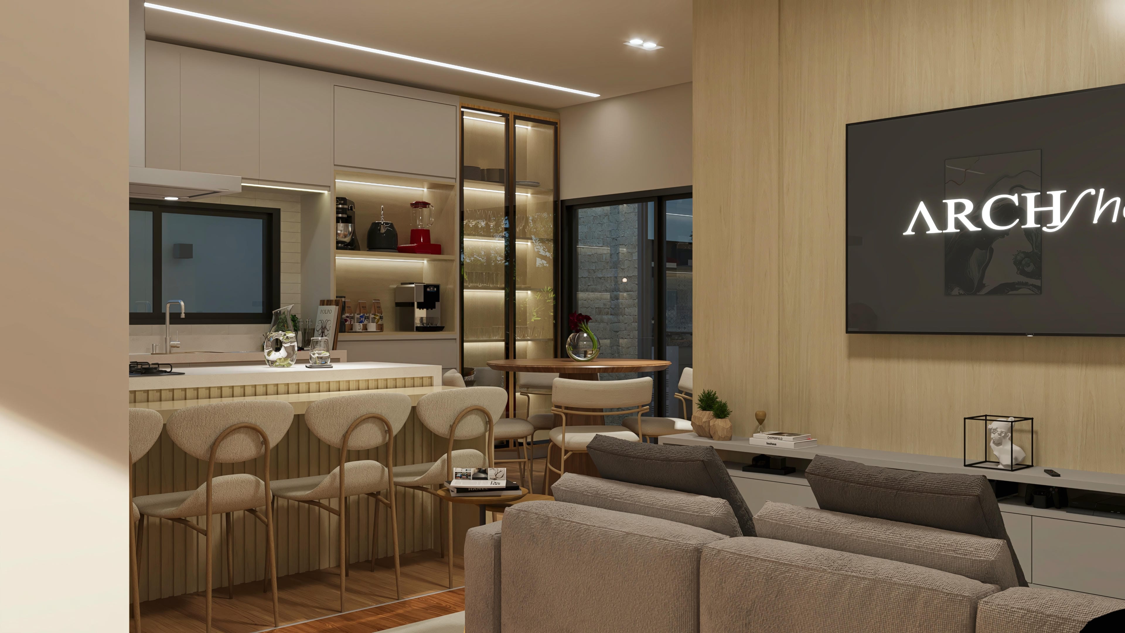Interior moderno con cocina integrada y sala de estar acogedora. Detalles en madera clara e iluminación empotrada crean un ambiente sofisticado.