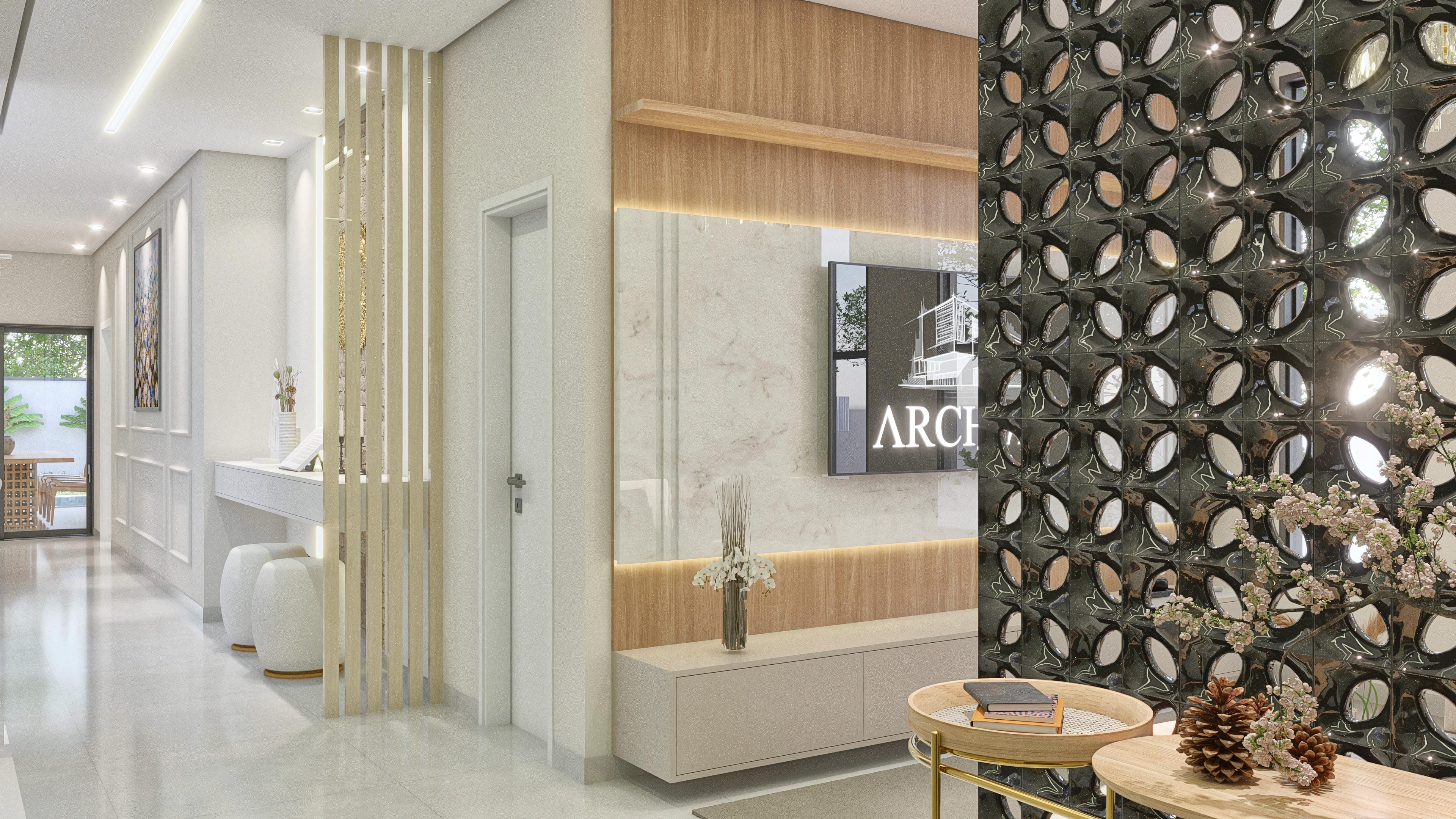Ambiente interior con paredes texturizadas en tonos claros, iluminación empotrada, detalles en madera y un panel decorativo con azulejos negros calados.