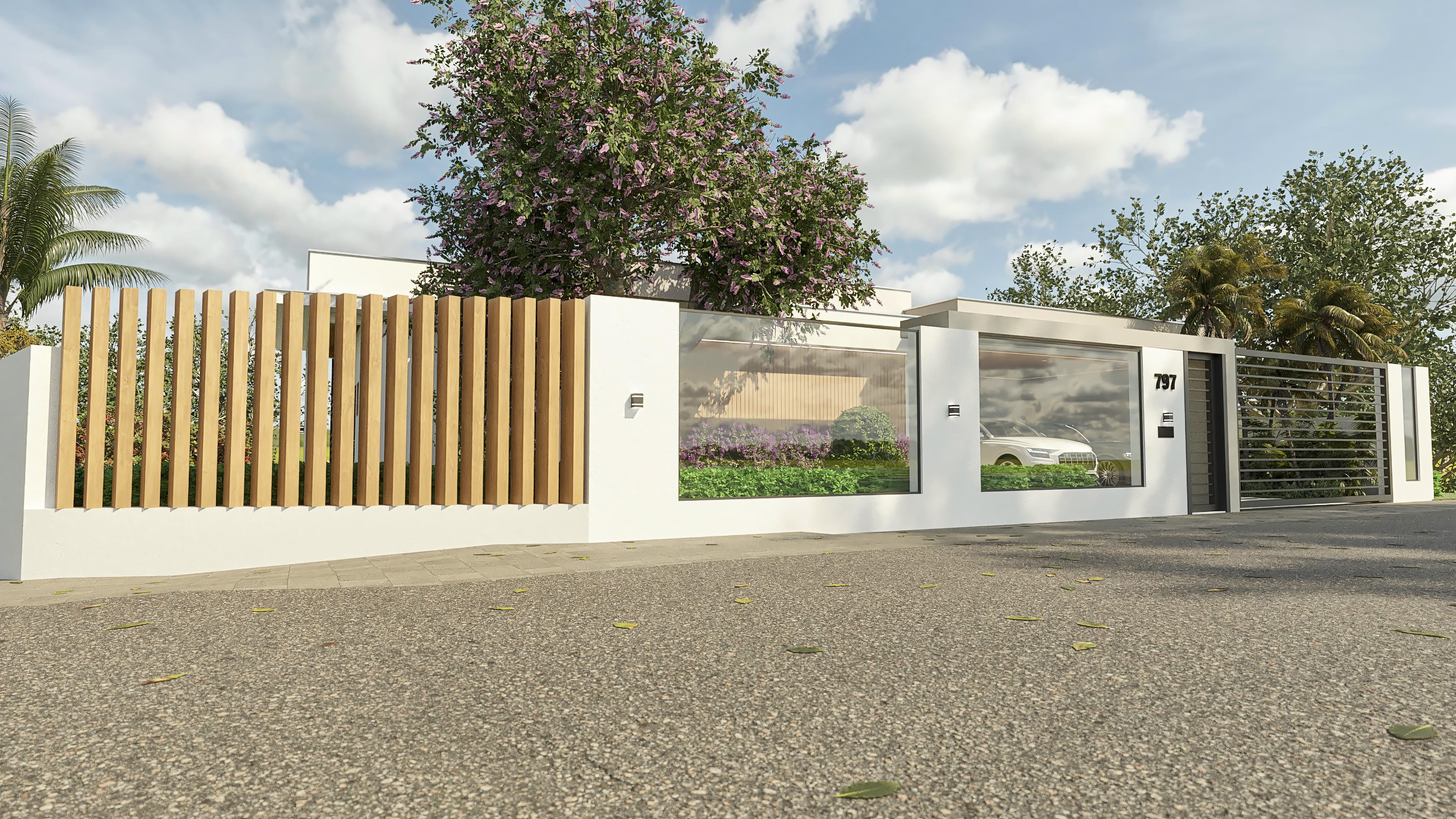 Fachada moderna com brise de madeira, amplas janelas de vidro, portão em metal e muro branco, integrando o exterior com o paisagismo.