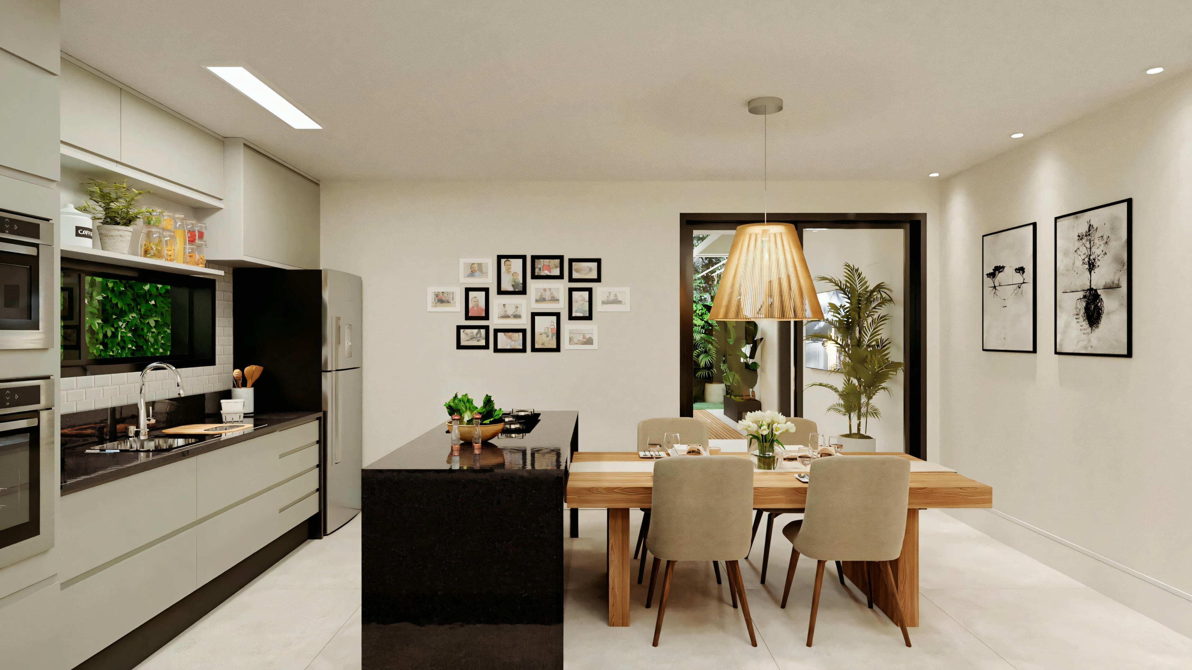 Cocina con área de comedor, mesa y sillas, rodeada de gabinetes y electrodomésticos, con vista a una habitación adyacente.
