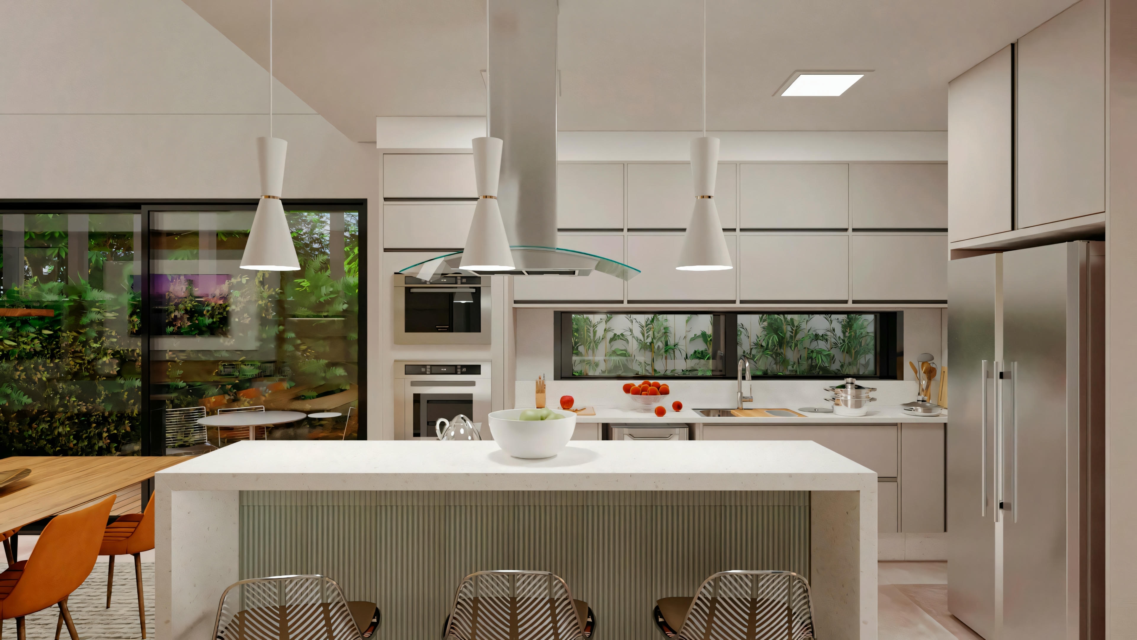 Cocina con armarios blancos, fregadero doble y ventana encima del fregadero con persianas rosas parcialmente cerradas.