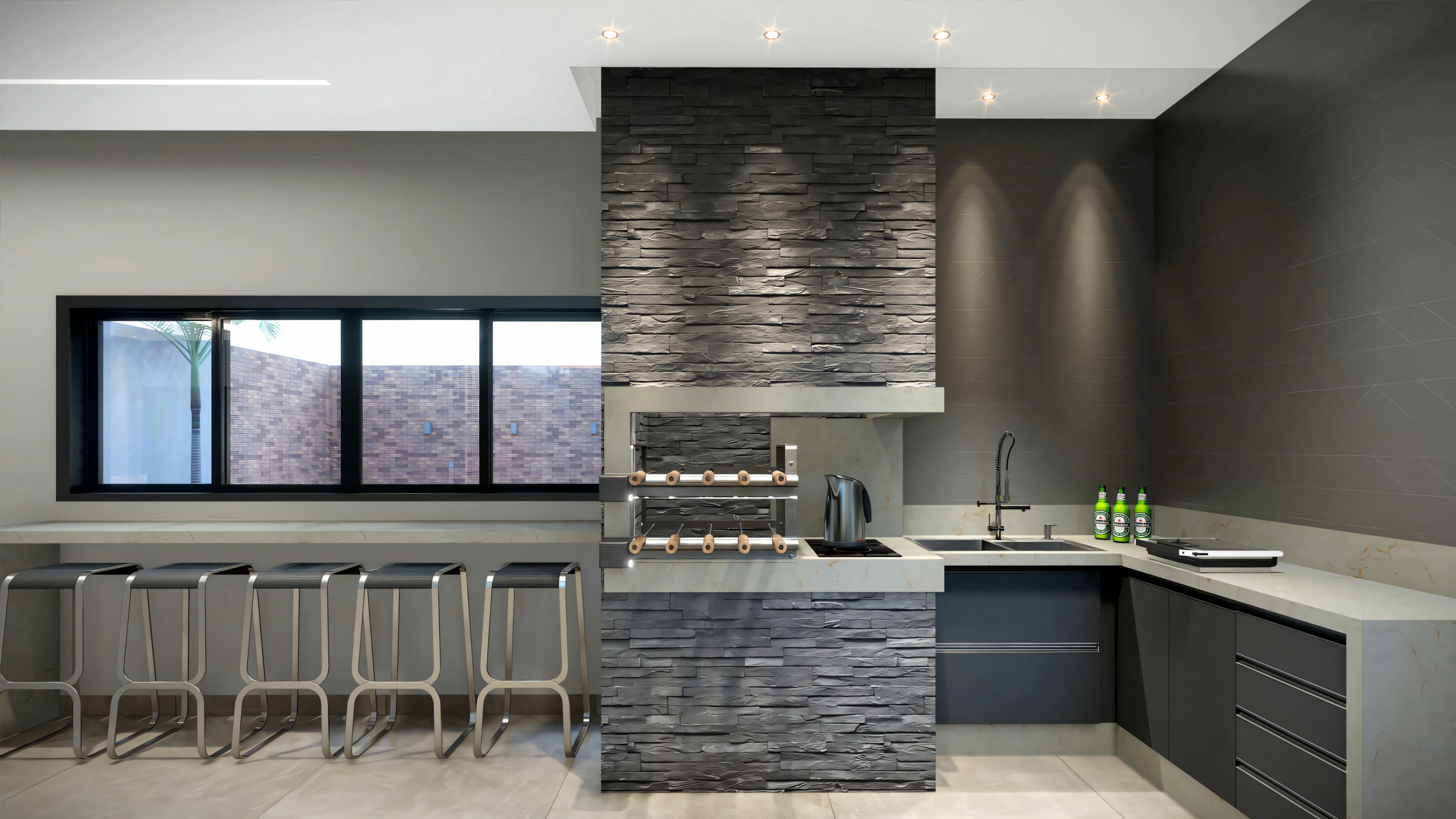 Cocina moderna con asientos en el mostrador, lámparas colgantes sobre el mostrador, electrodomésticos empotrados y una serie de ventanas que proporcionan luz natural.