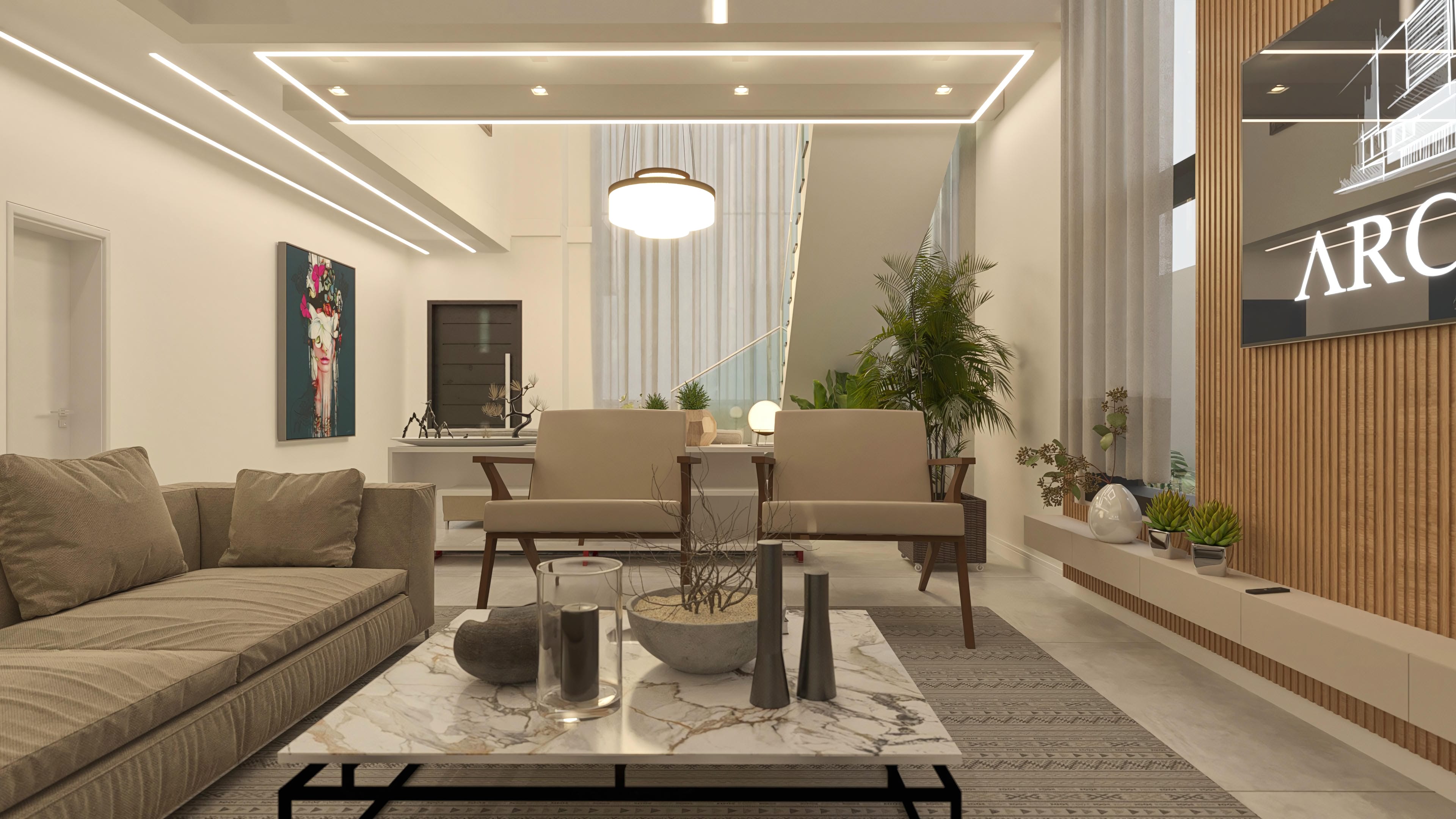 Interior de sobrado moderno com sala de estar, iluminação em LED, poltronas, sofás e decoração sofisticada. Destaque para a escada com guarda-corpo de vidro.