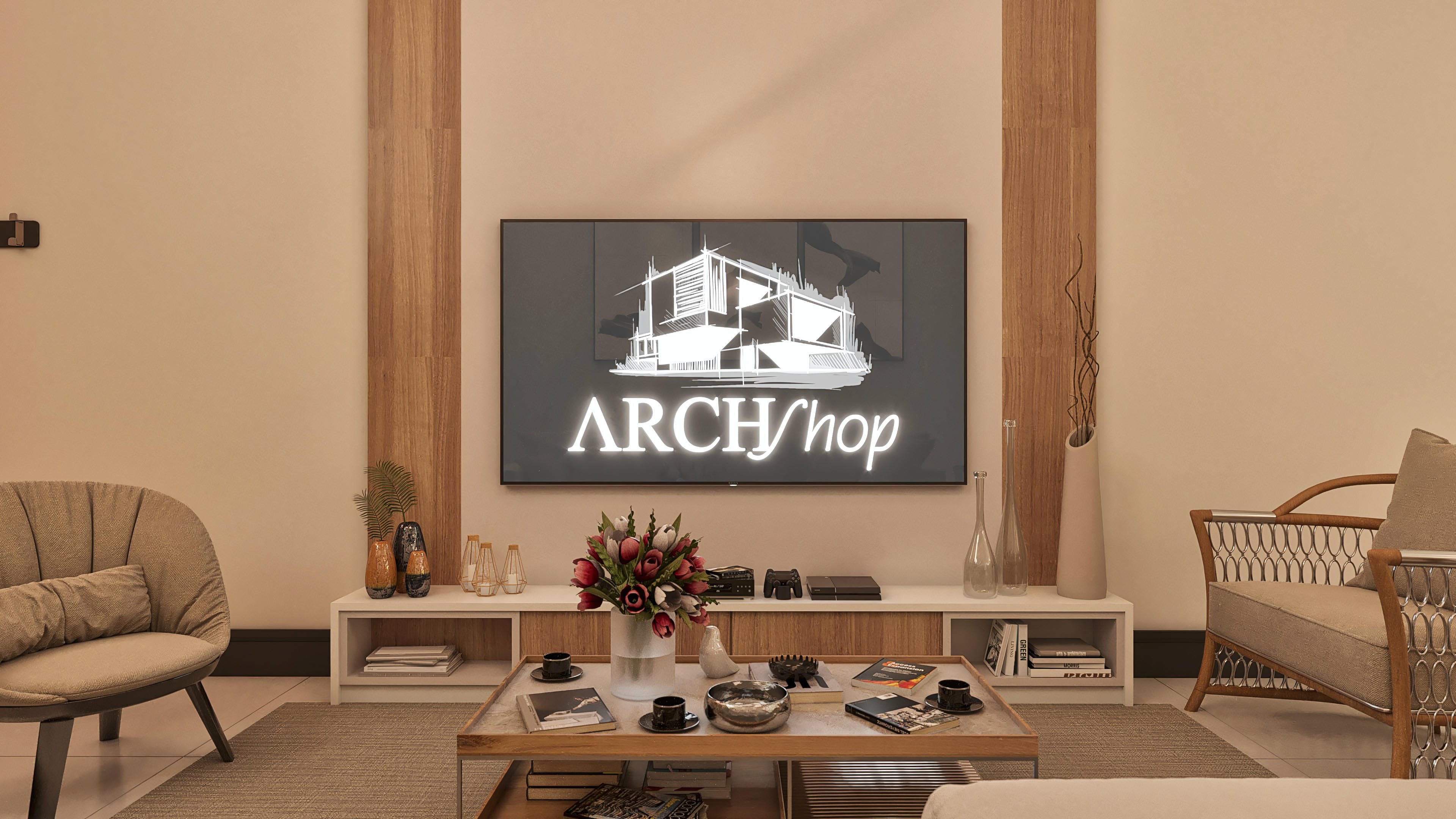 Interior of a modern living room with a TV displaying an architectural project, accompanied by an elegant armchair, a coffee table with books, and a floral arrangement.