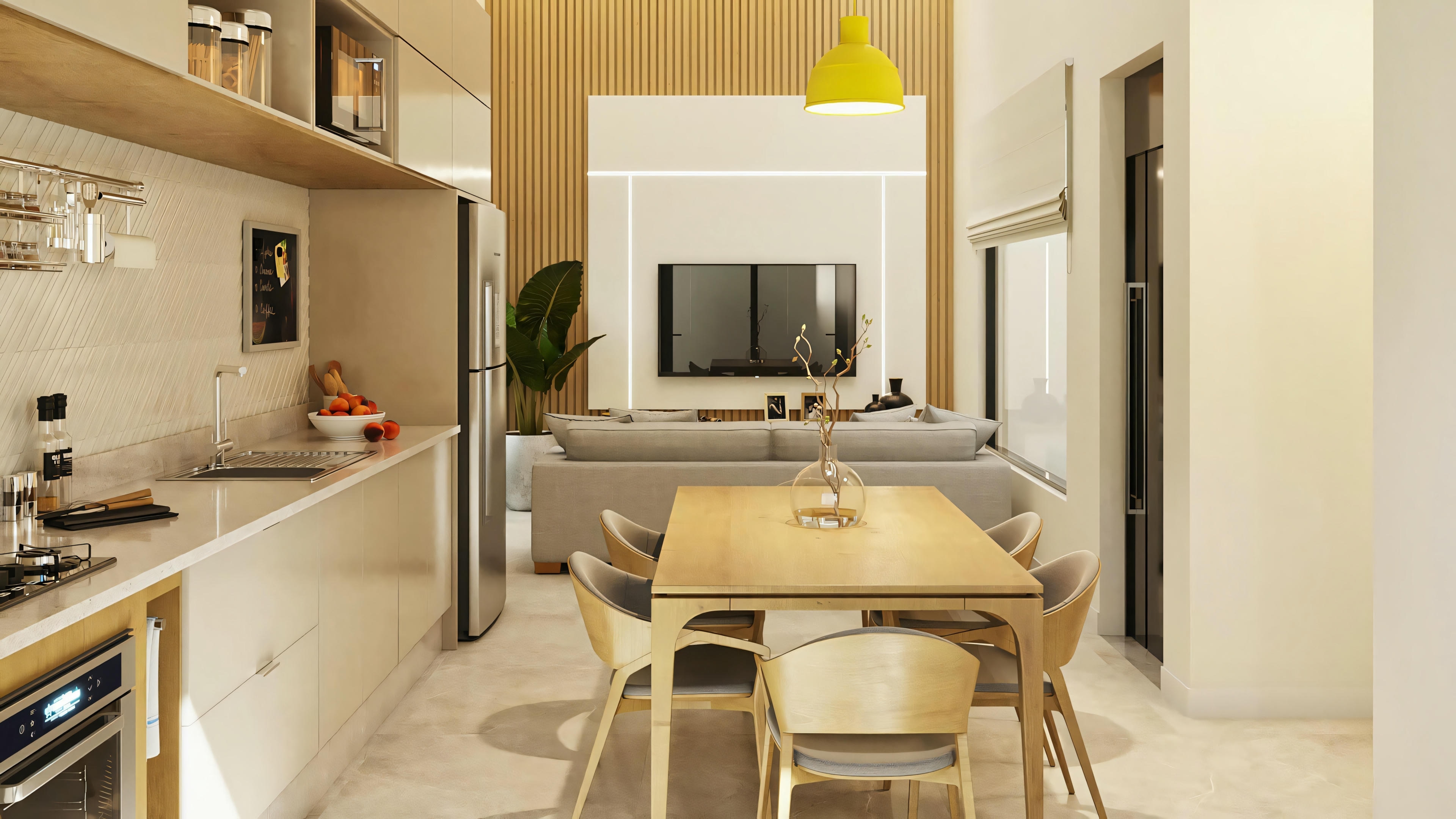 Kitchen with modern appliances, island with stools, and pendant lighting.