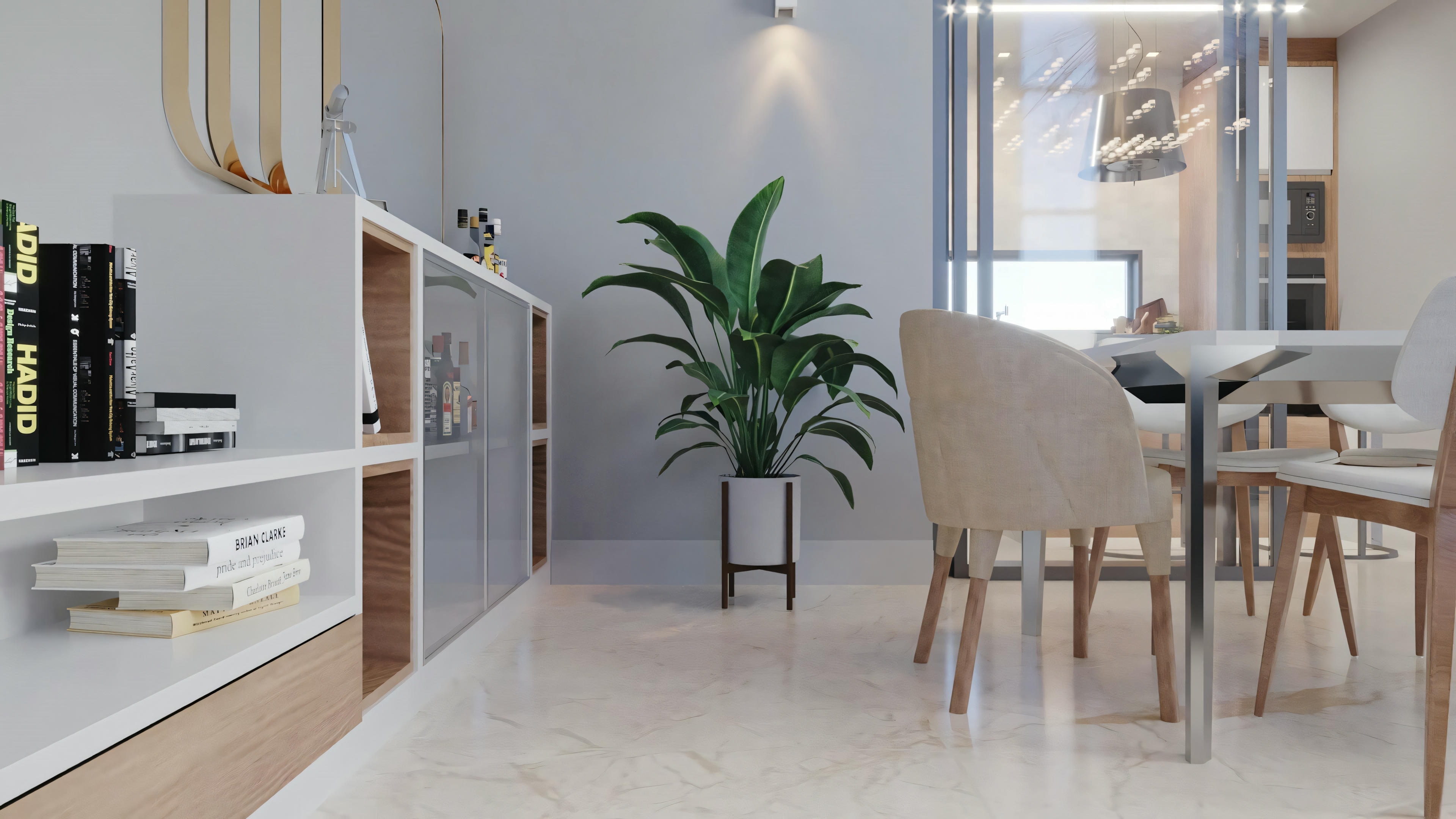Modern kitchen and dining area with white chairs, table, and kitchen counters.