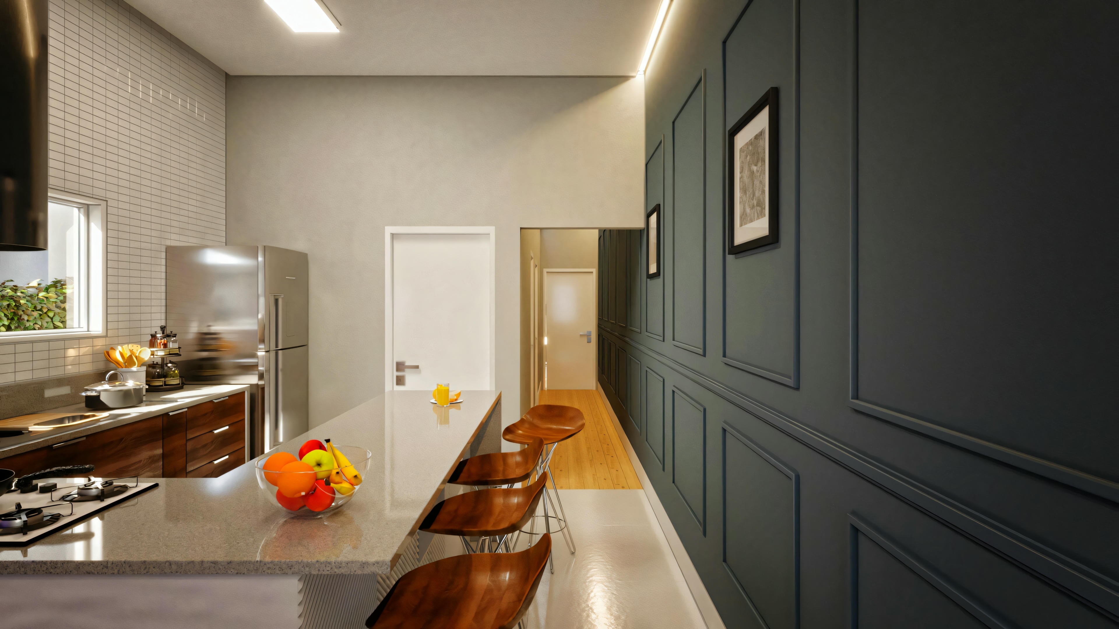 Vista do corredor formado pela cozinha americana com bancada e a sala com parede em boiserie azul-acinzentado, em projeto de casa de 70 m² para meio lote.