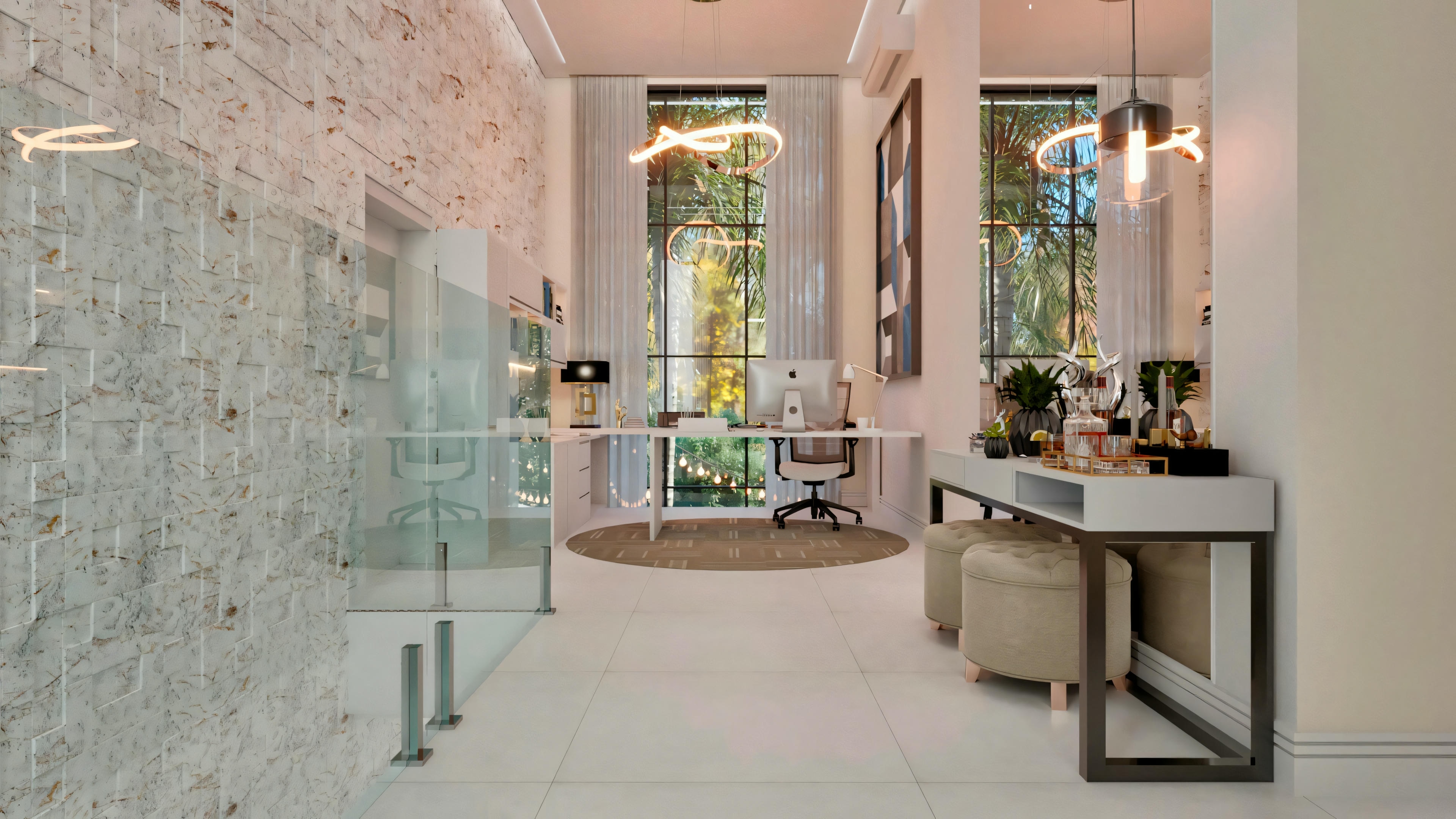 Um corredor ou entrada residencial com divisória de vidro à esquerda, mesa redonda com itens decorativos ao fundo, espelho e arte na parede.