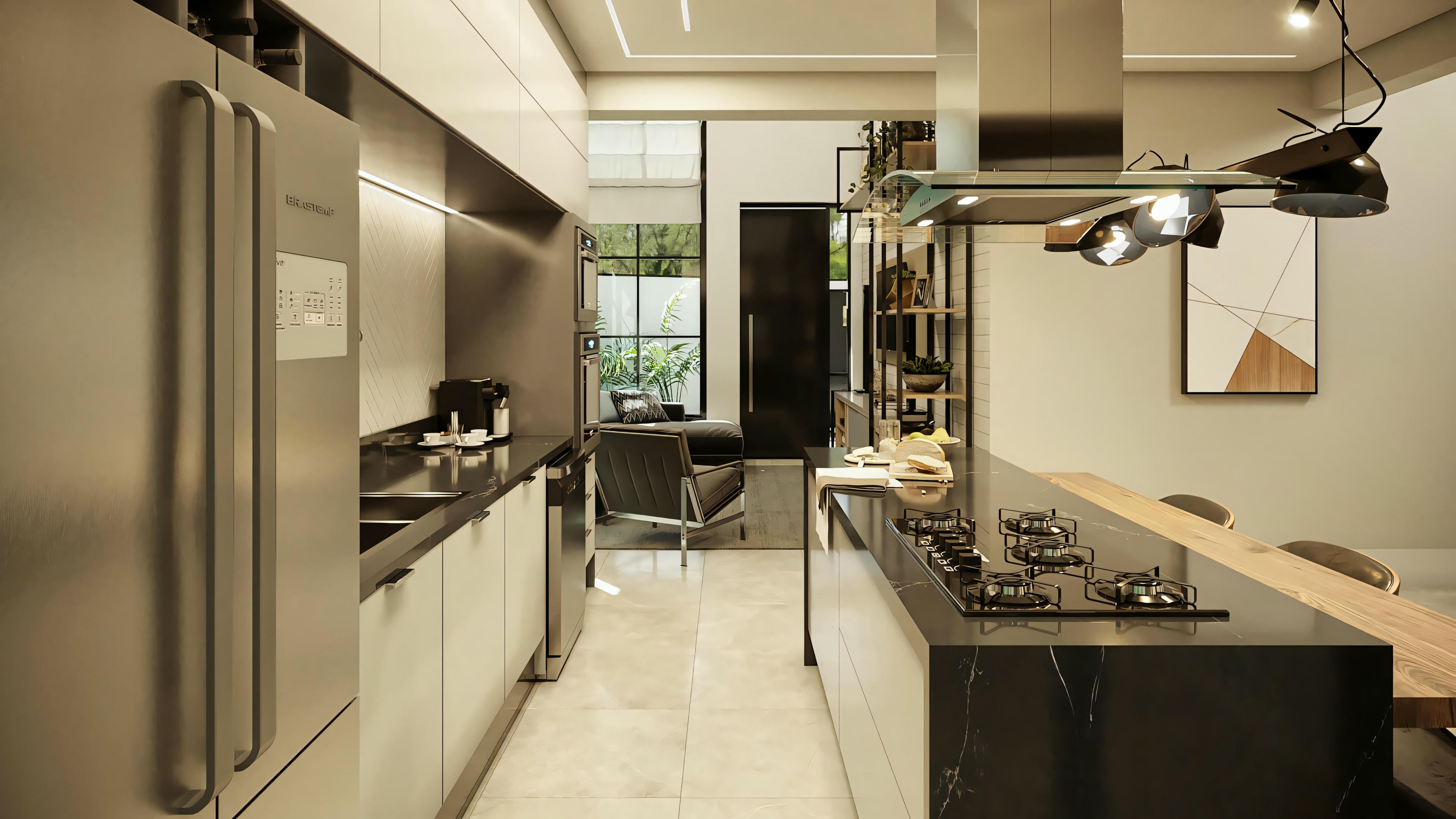Cozinha com tons escuros, bancadas pretas e elementos de design moderno.