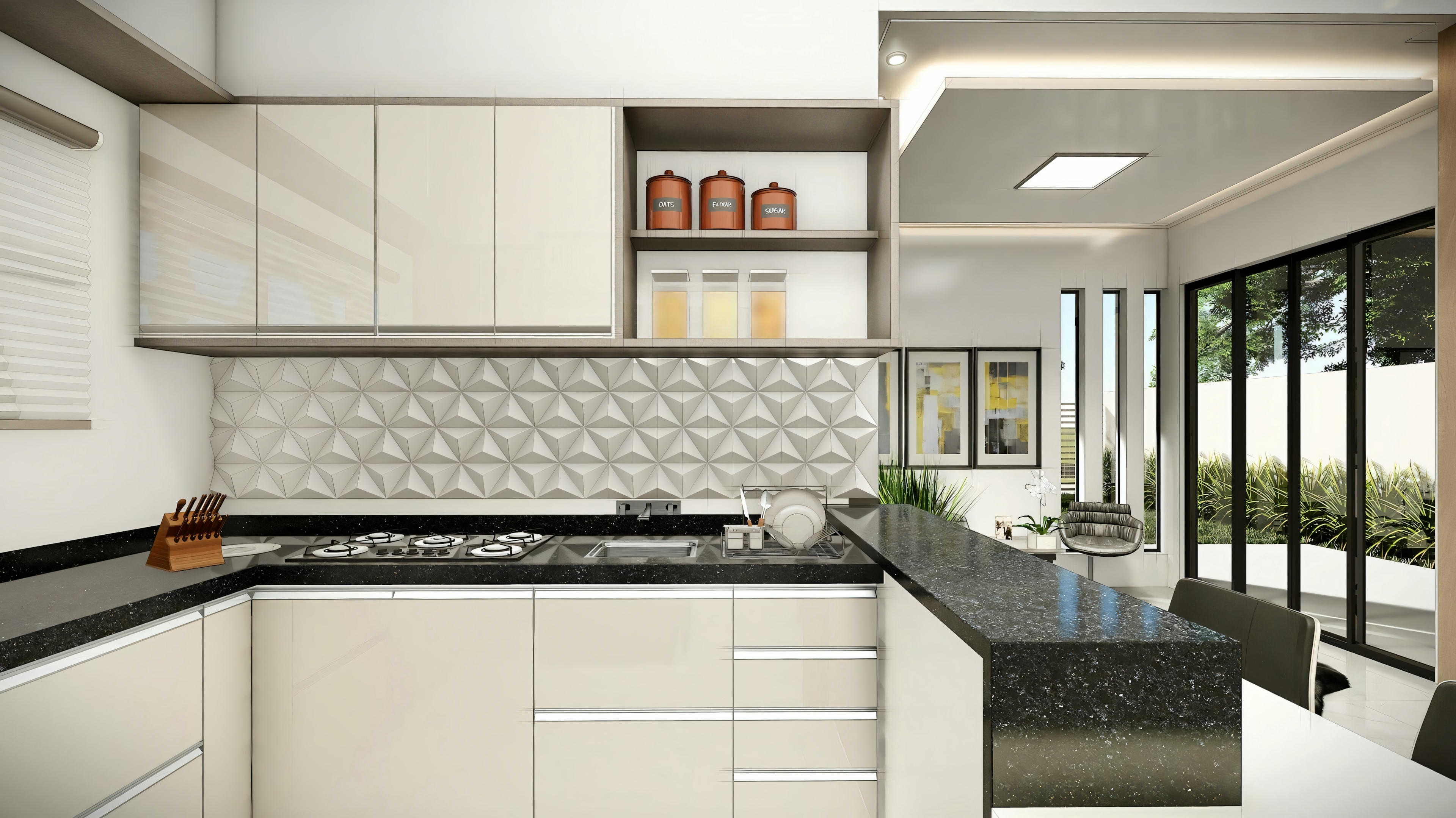 Cozinha moderna com eletrodomésticos de última geração e uma ilha central.