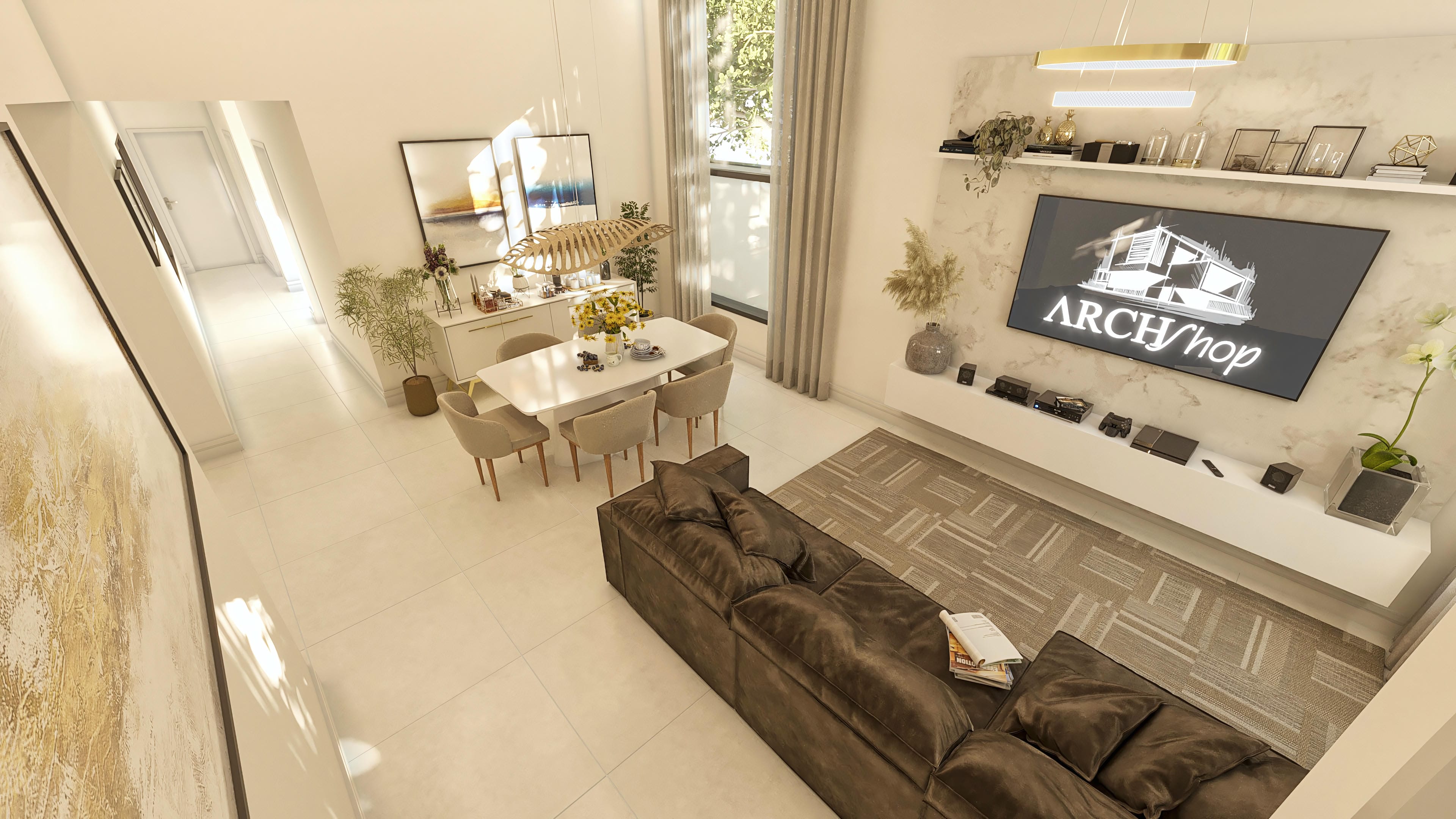 Espacio integrado con comedor y sala de estar en tonos neutros, destacando mesa moderna, sofás cómodos e iluminación natural abundante.