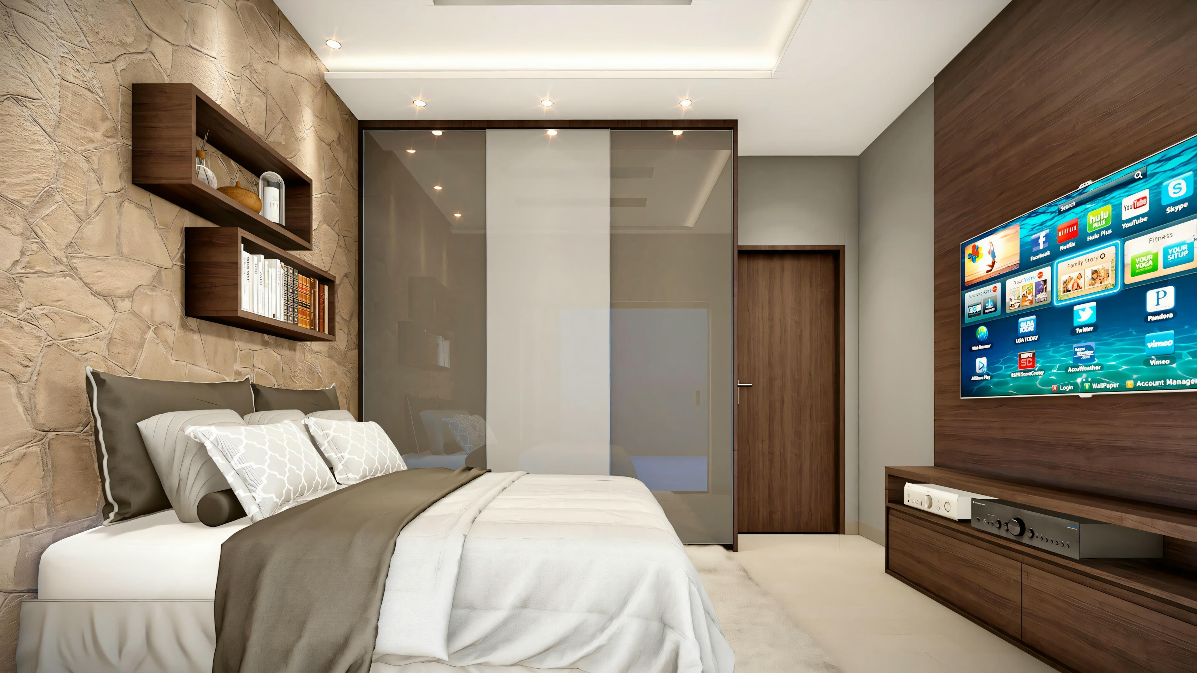Un dormitorio con cama, mesitas de noche y otra unidad de entretenimiento con televisores.