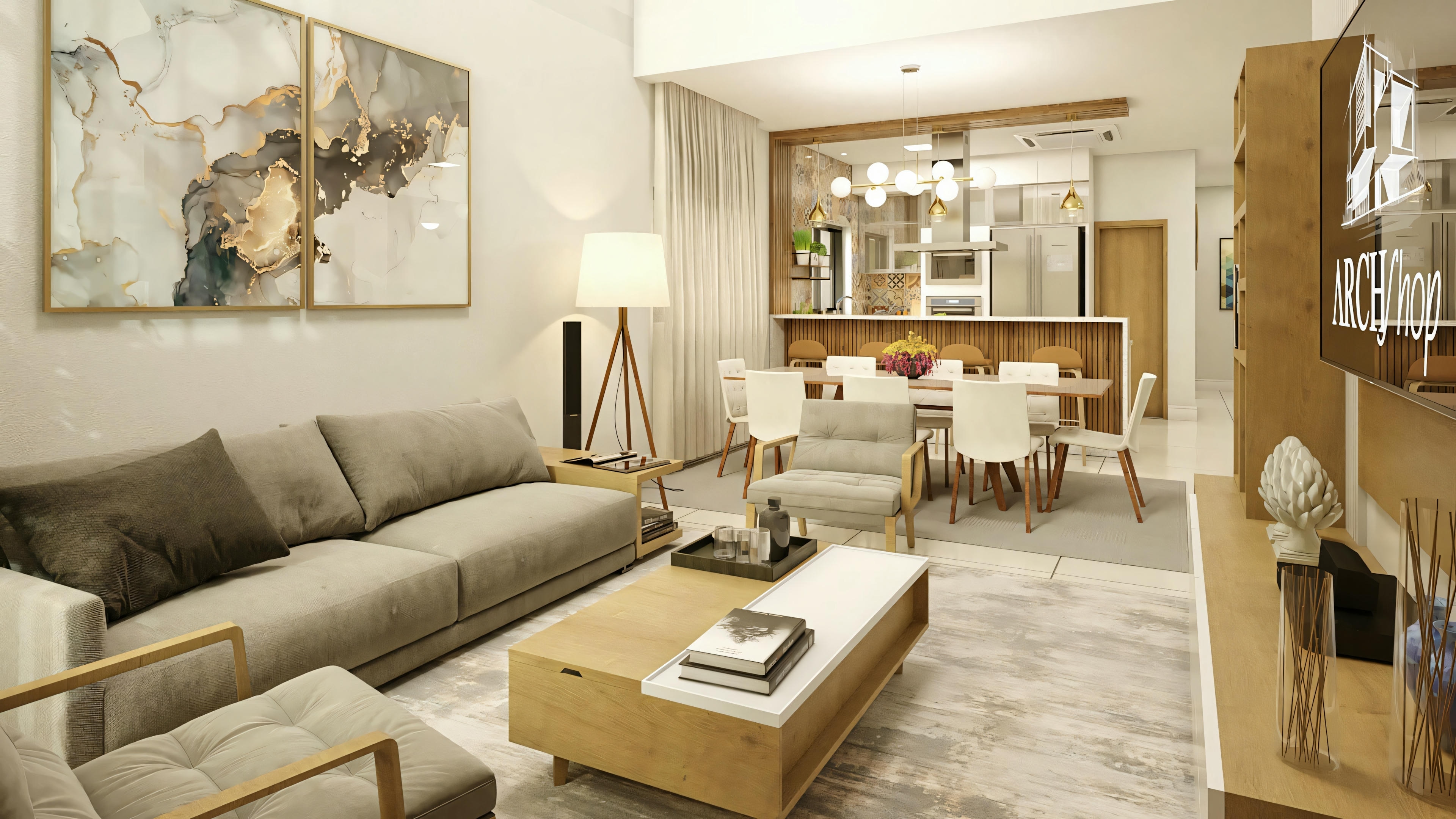 Un espacio interior moderno, probablemente una sala de estar conectada a un comedor.