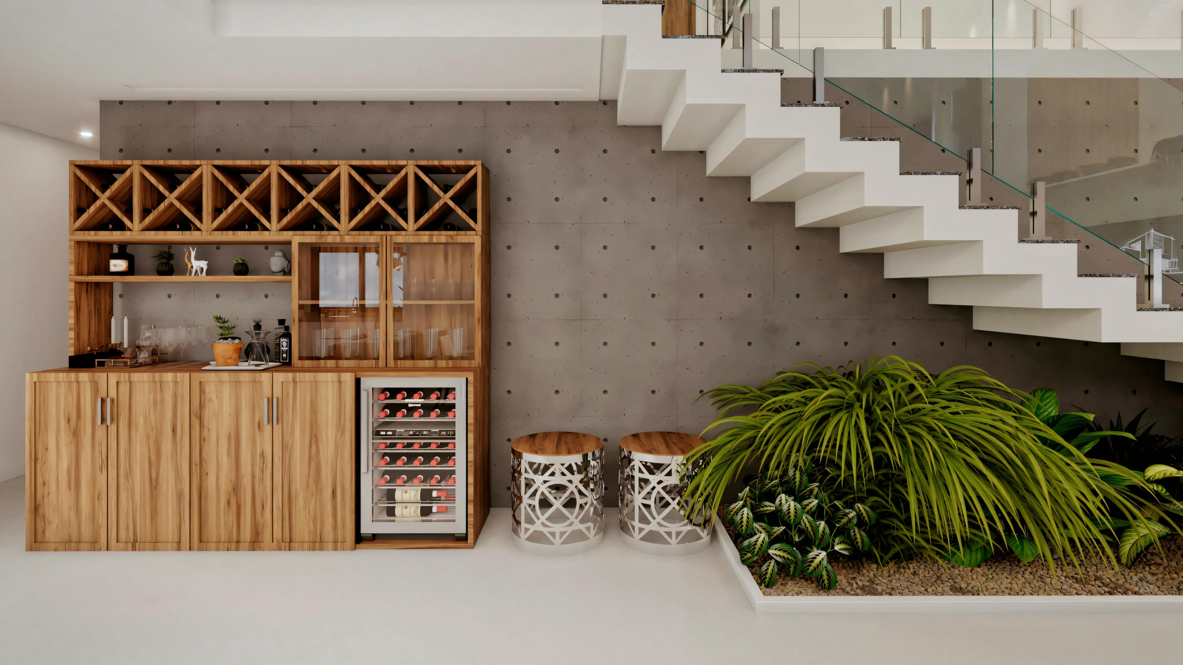 Um espaço interior moderno com uma escada, armazenamento sob a escada incluindo prateleiras e armários, e uma pequena área com plantas internas.