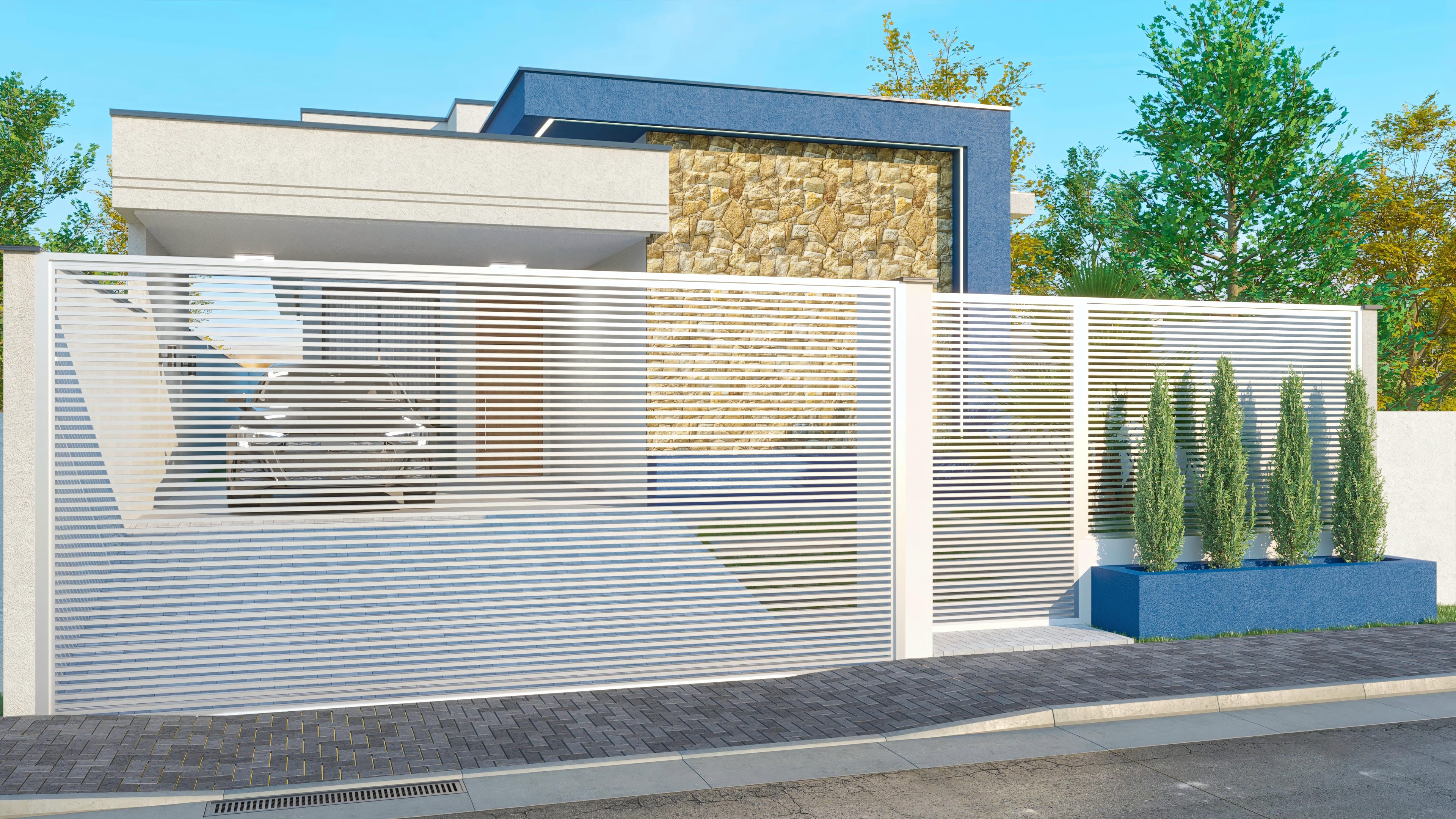 Fachada moderna con textura de piedra, volúmenes en concreto blanco y detalles en azul vibrante. Portón en aluminio blanco con líneas horizontales.