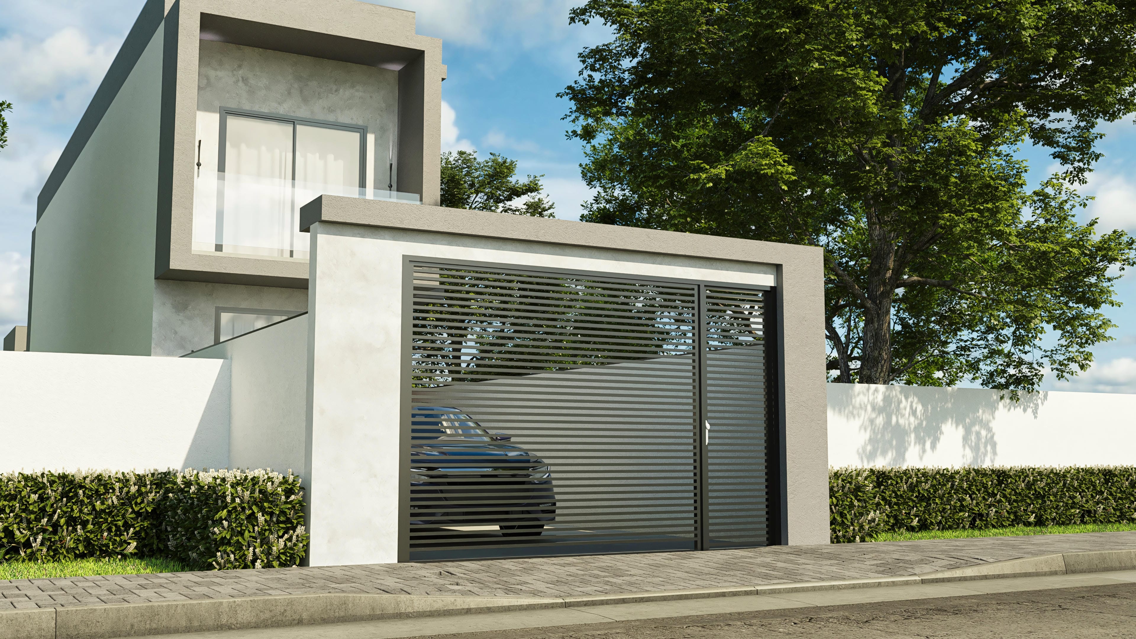 Fachada de casa moderna con 3 dormitorios, 1 en suite y área gourmet separada. Proyecto para terrenos estrechos de 5x32m.