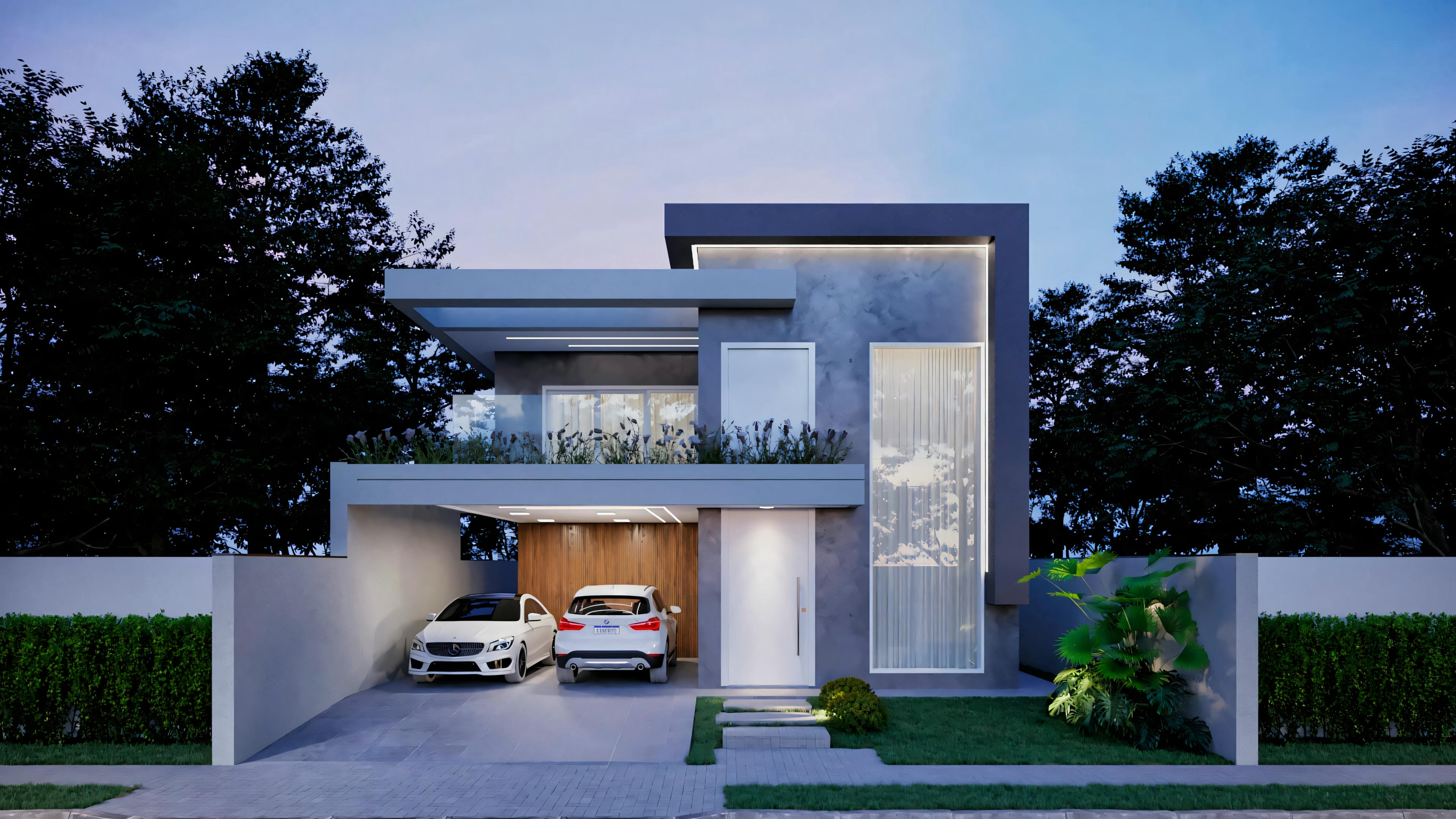 Fachada frontal iluminada del proyecto ArchShop de casa moderna con 3 suites, piscina y área gourmet. Vista nocturna destacando garaje para 2 autos, arquitectura contemporánea con 250.56m², balcón y paisajismo. Proyecto residencial para terreno 12x25.